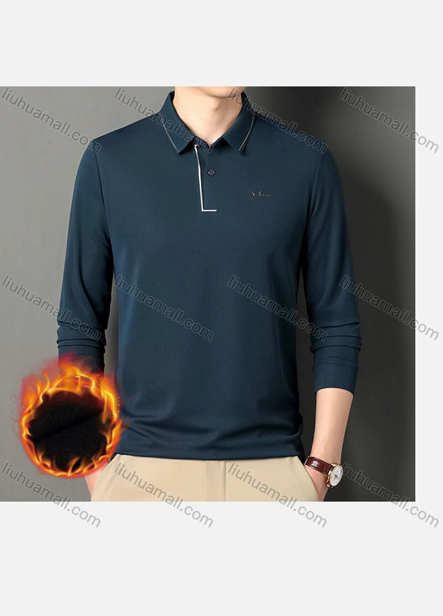 Wholesale Men's Casual Plain Striped Trim Long Sleeve Thermal Lined Polo Shirt 2212-1# - Liuhuamall