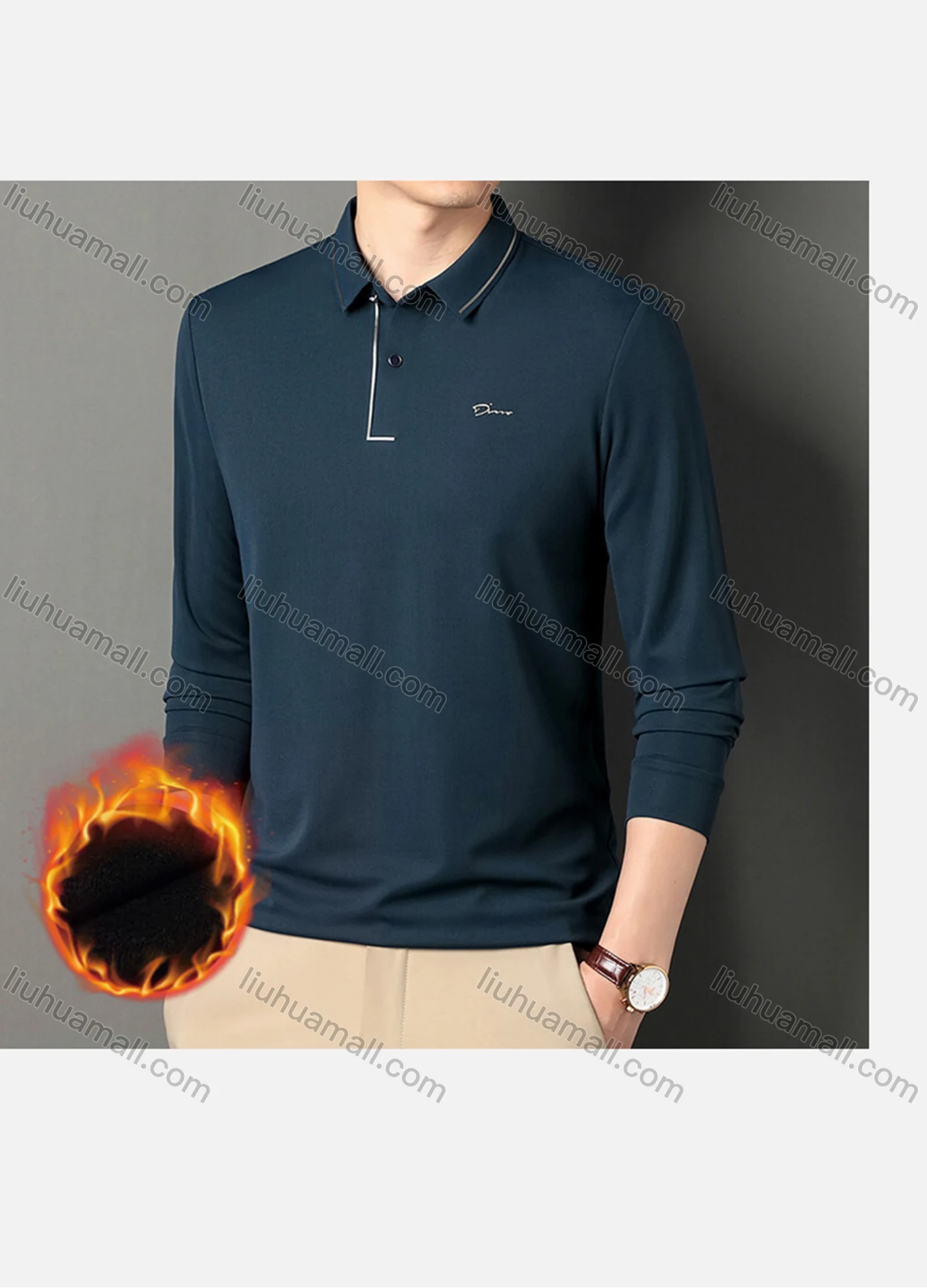 Wholesale Men's Casual Plain Striped Trim Long Sleeve Thermal Lined Polo Shirt 2212-1# - Liuhuamall