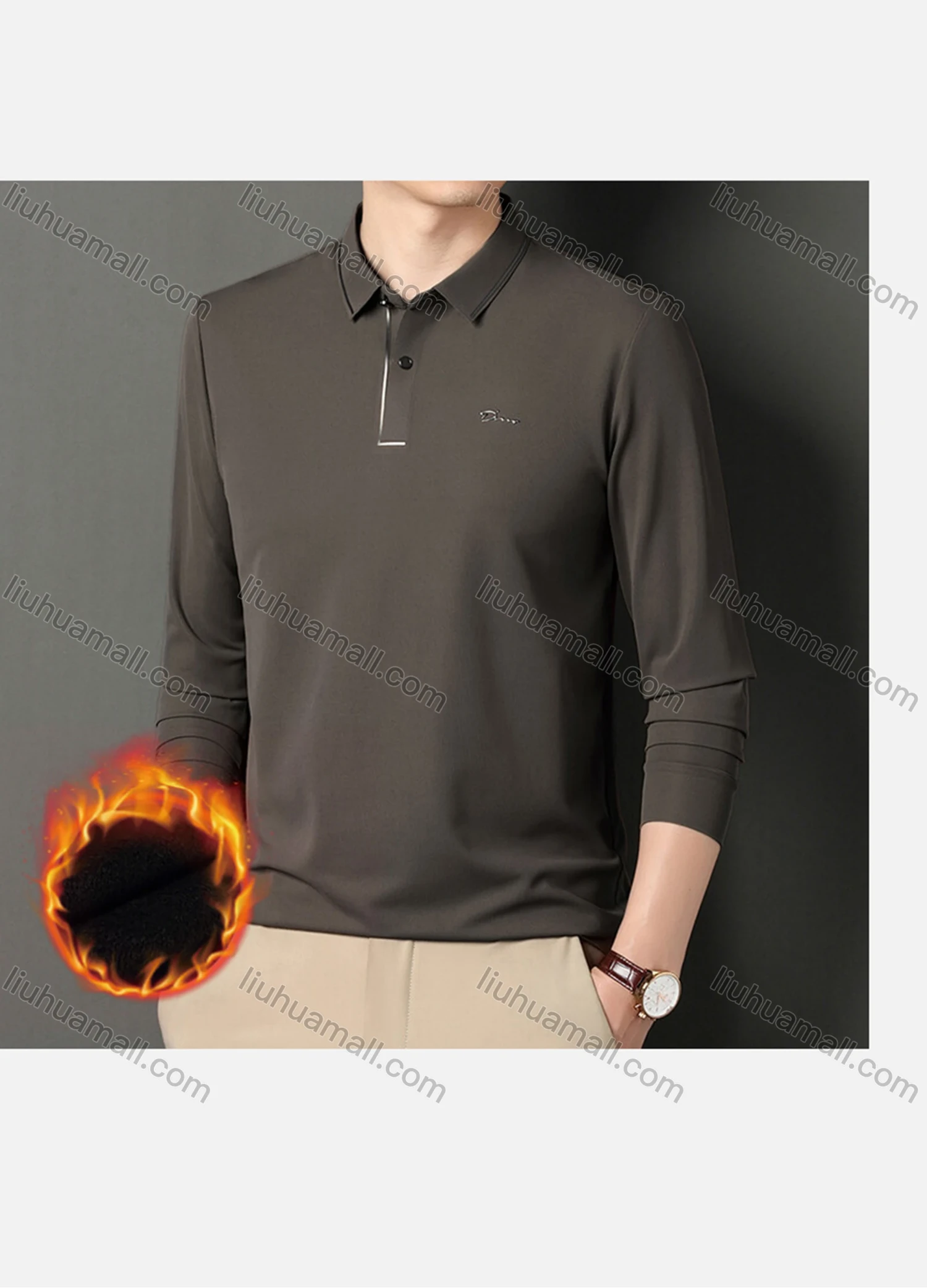 Wholesale Men's Casual Plain Striped Trim Long Sleeve Thermal Lined Polo Shirt 2212-1# - Liuhuamall