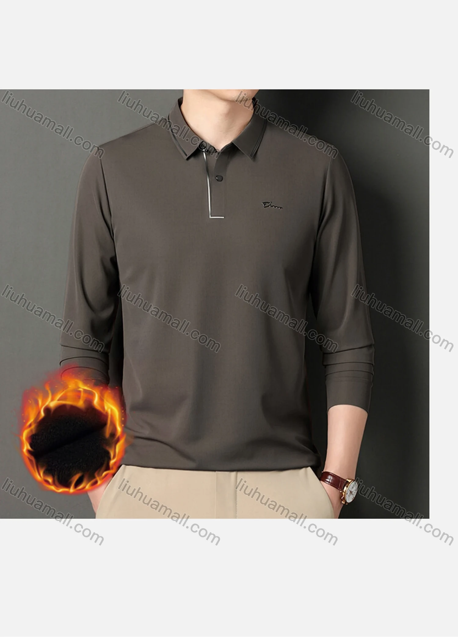Wholesale Men's Casual Plain Striped Trim Long Sleeve Thermal Lined Polo Shirt 2212-1# - Liuhuamall