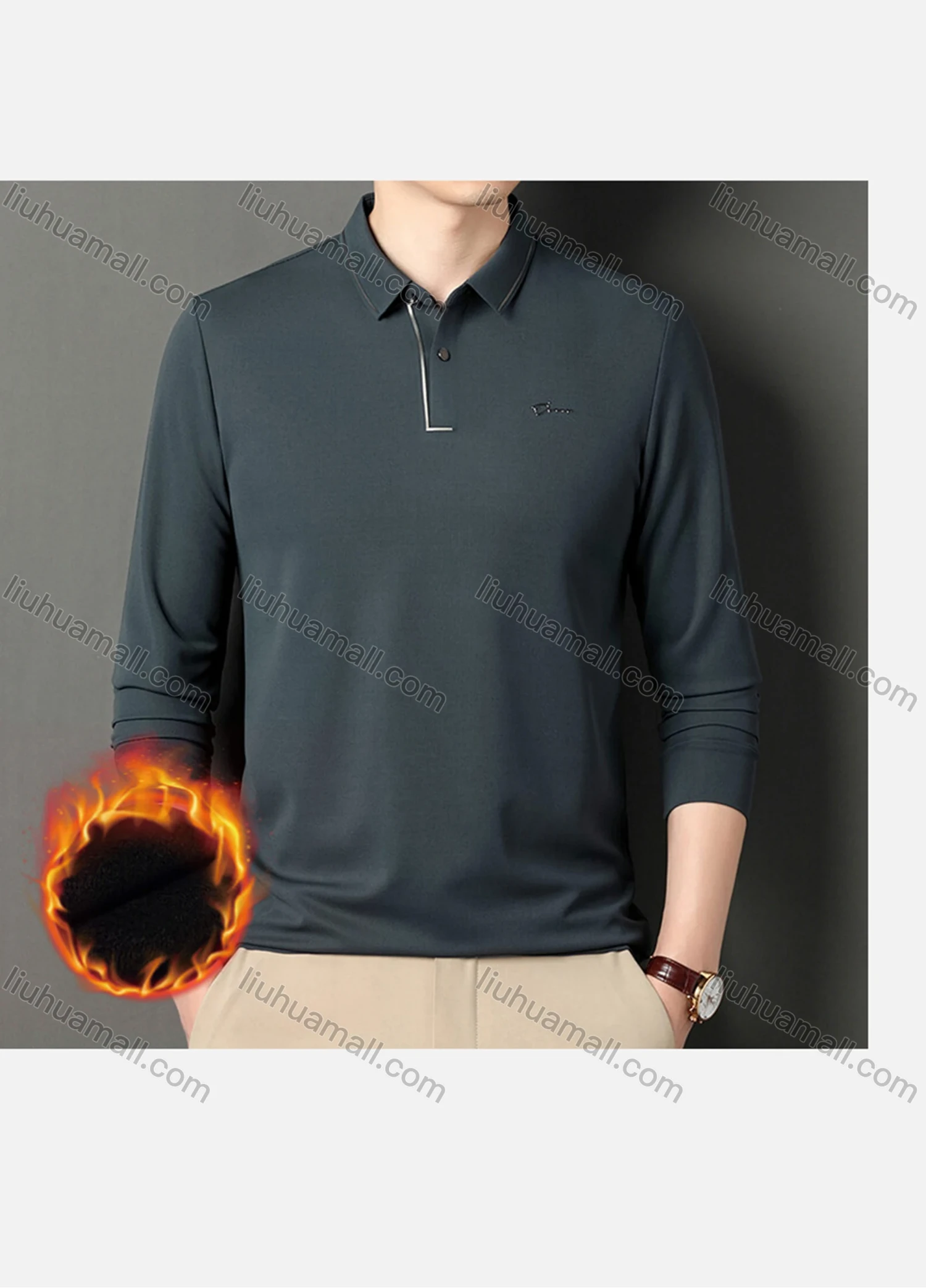 Wholesale Men's Casual Plain Striped Trim Long Sleeve Thermal Lined Polo Shirt 2212-1# - Liuhuamall