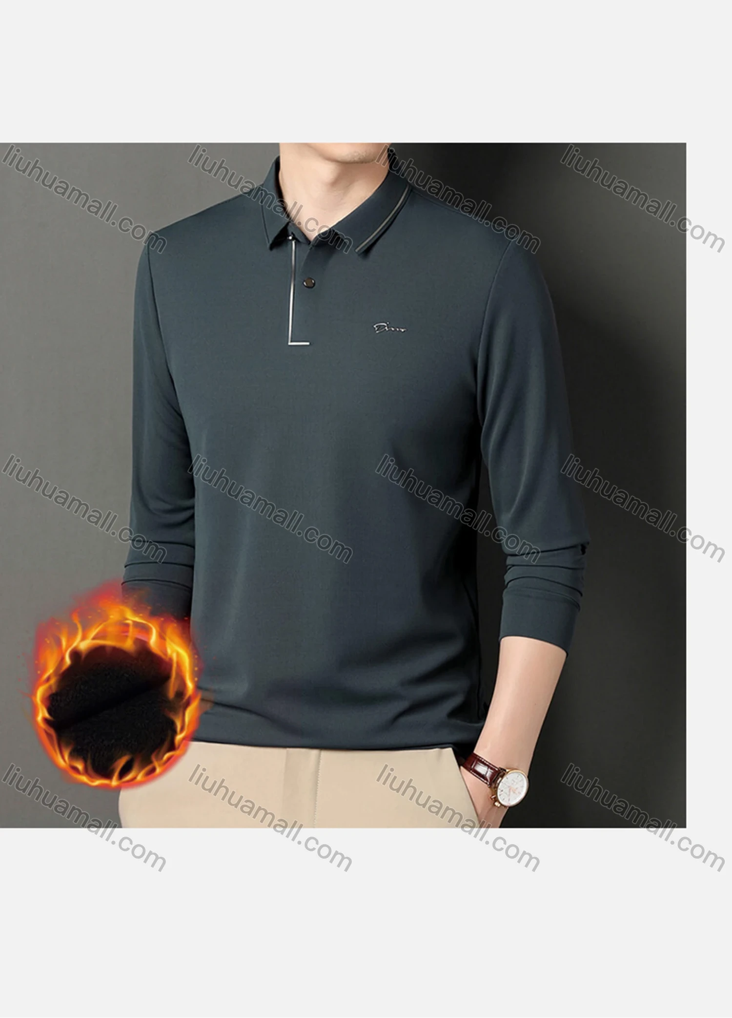 Wholesale Men's Casual Plain Striped Trim Long Sleeve Thermal Lined Polo Shirt 2212-1# - Liuhuamall