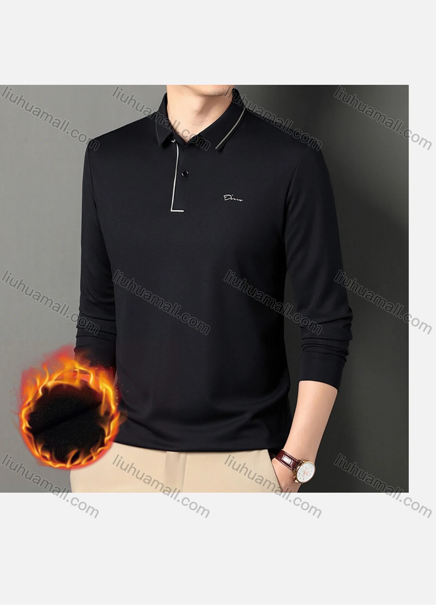 Wholesale Men's Casual Plain Striped Trim Long Sleeve Thermal Lined Polo Shirt 2212-1# - Liuhuamall