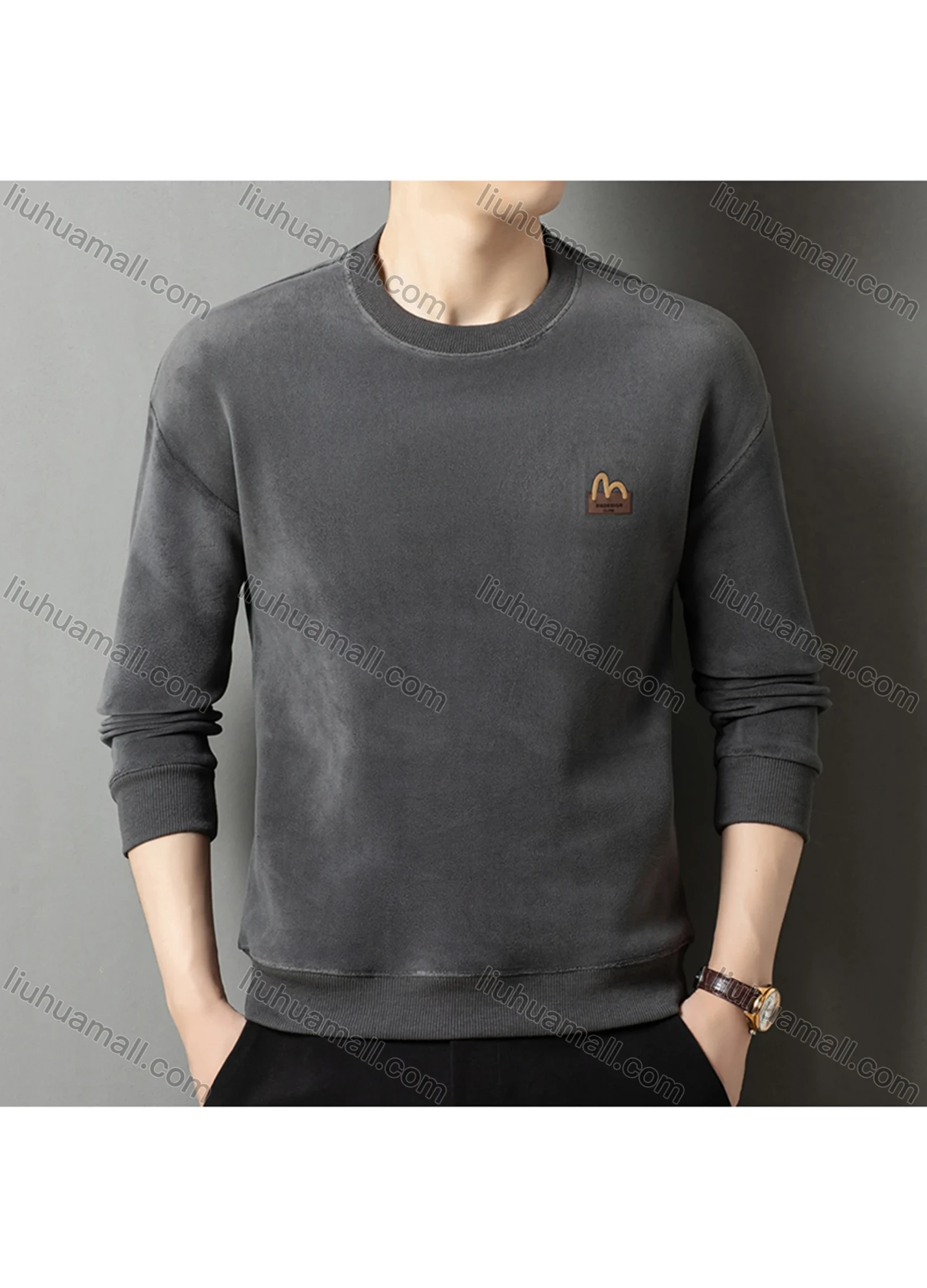 Wholesale Men's Casual Plain Label Embroidery Round Neck Thermal Lined Long Sleeve Sweatshirt 8520# - Liuhuamall