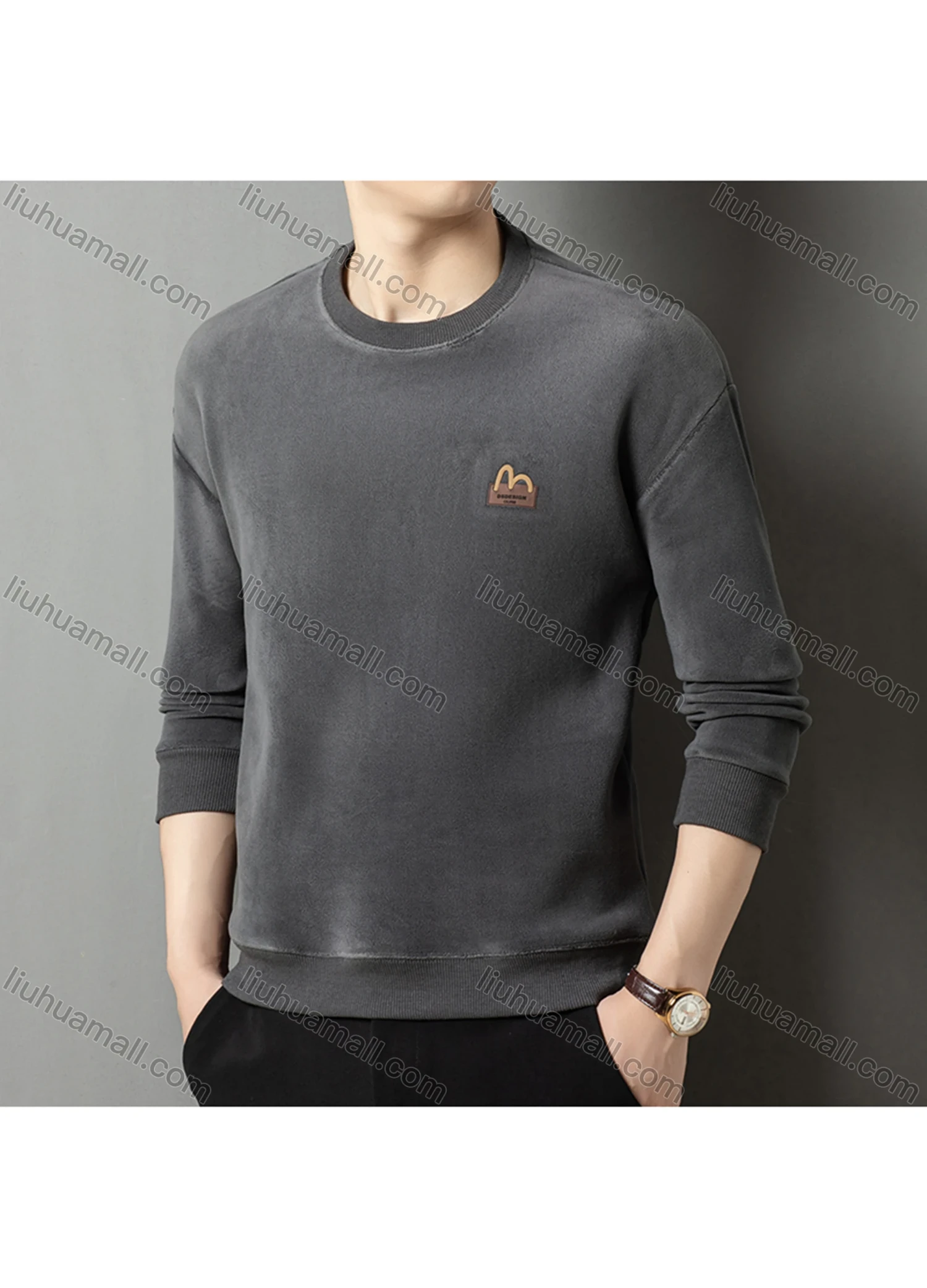 Wholesale Men's Casual Plain Label Embroidery Round Neck Thermal Lined Long Sleeve Sweatshirt 8520# - Liuhuamall