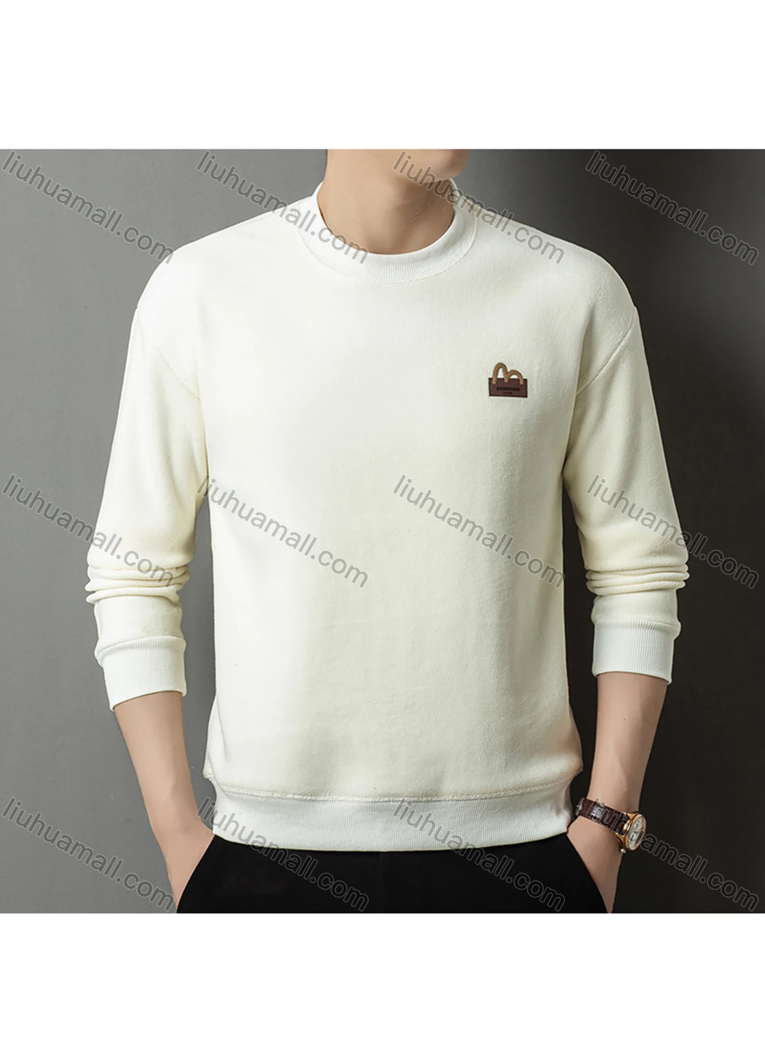 Wholesale Men's Casual Plain Label Embroidery Round Neck Thermal Lined Long Sleeve Sweatshirt 8520# - Liuhuamall