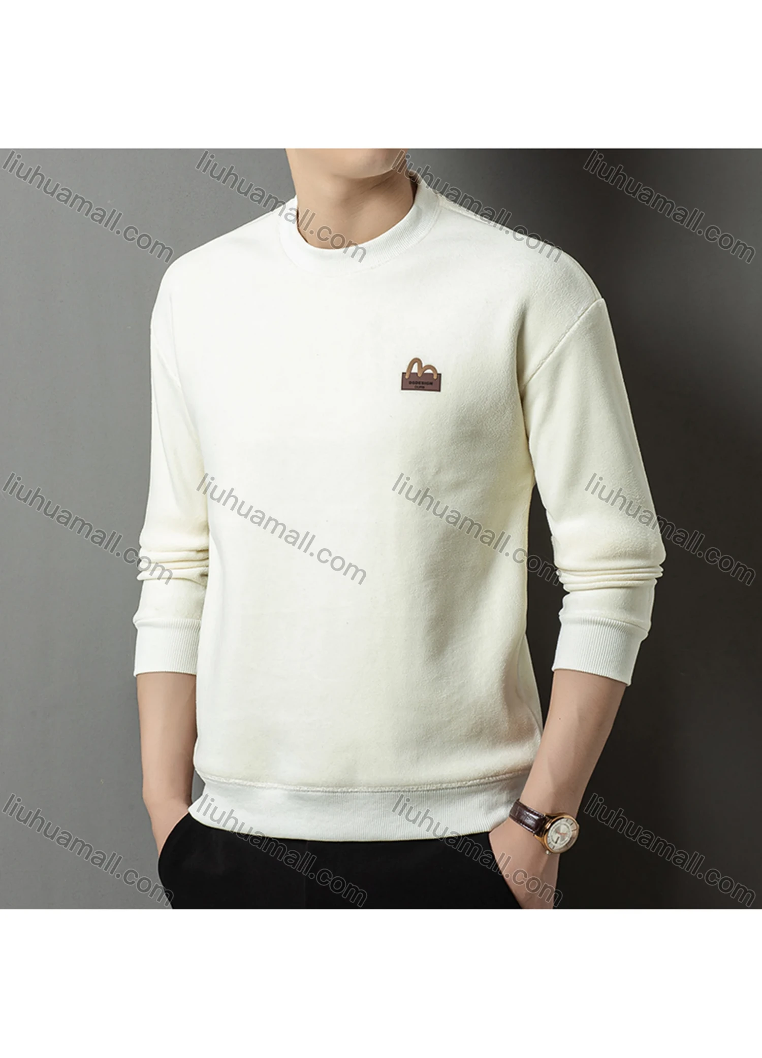 Wholesale Men's Casual Plain Label Embroidery Round Neck Thermal Lined Long Sleeve Sweatshirt 8520# - Liuhuamall