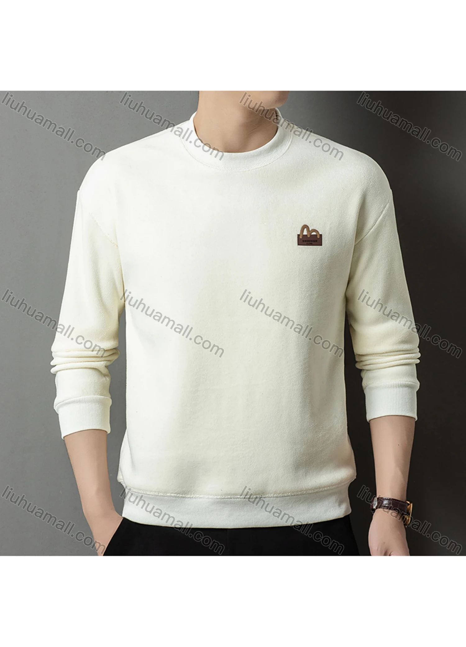 Wholesale Men's Casual Plain Label Embroidery Round Neck Thermal Lined Long Sleeve Sweatshirt 8520# - Liuhuamall
