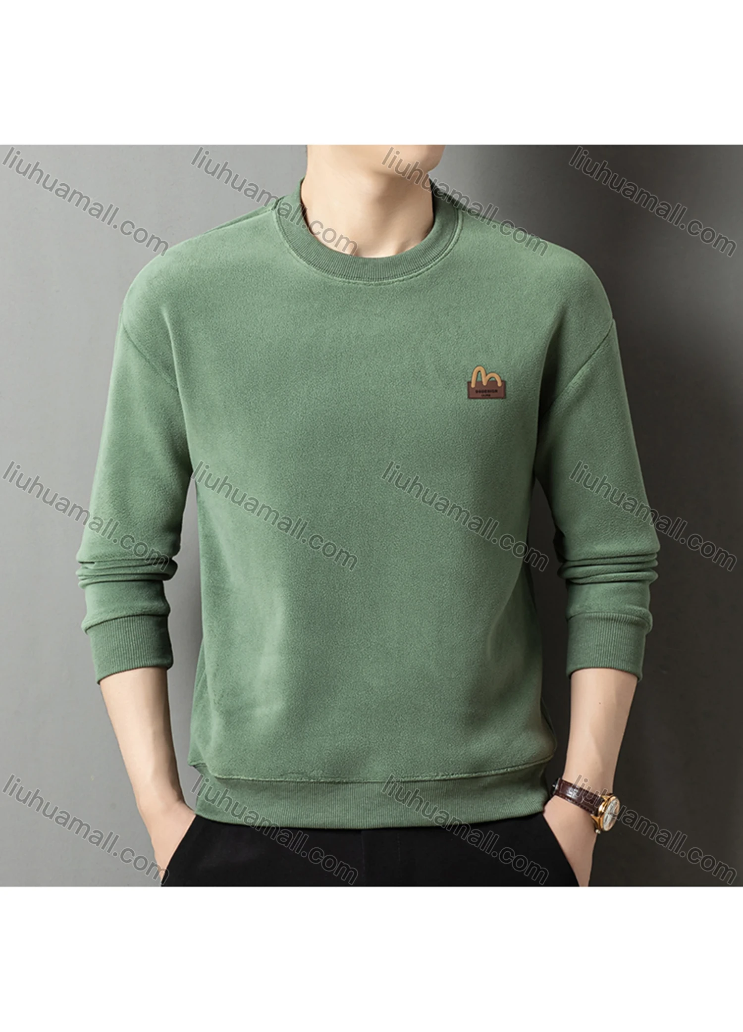 Wholesale Men's Casual Plain Label Embroidery Round Neck Thermal Lined Long Sleeve Sweatshirt 8520# - Liuhuamall