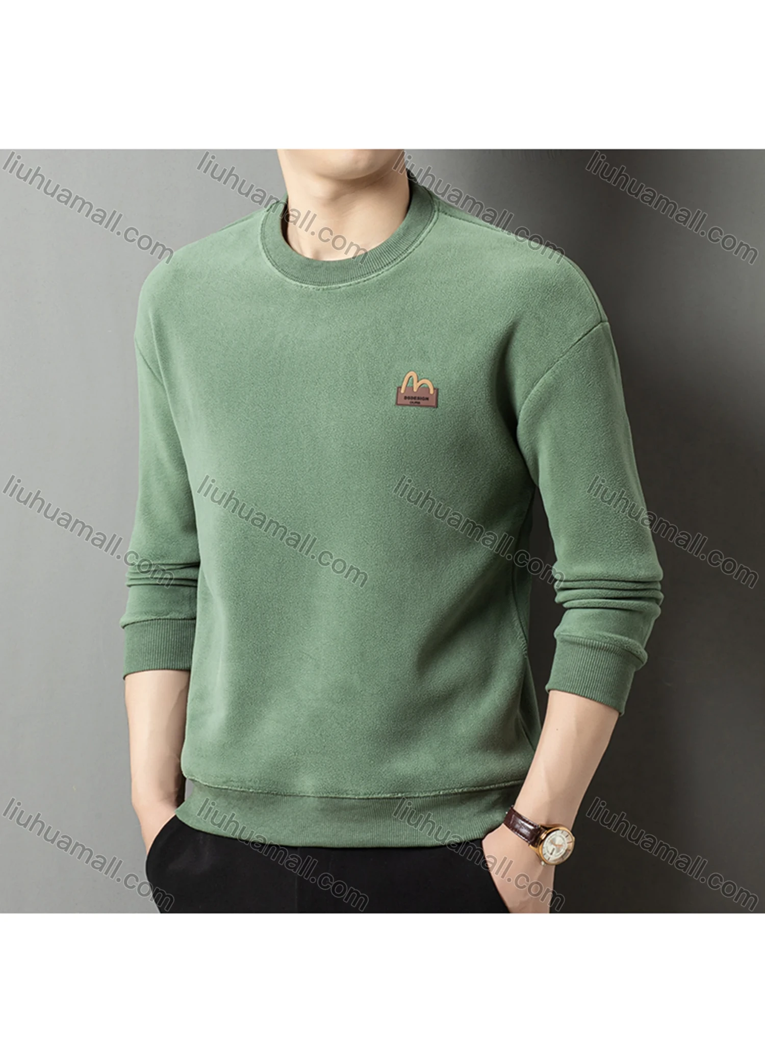 Wholesale Men's Casual Plain Label Embroidery Round Neck Thermal Lined Long Sleeve Sweatshirt 8520# - Liuhuamall