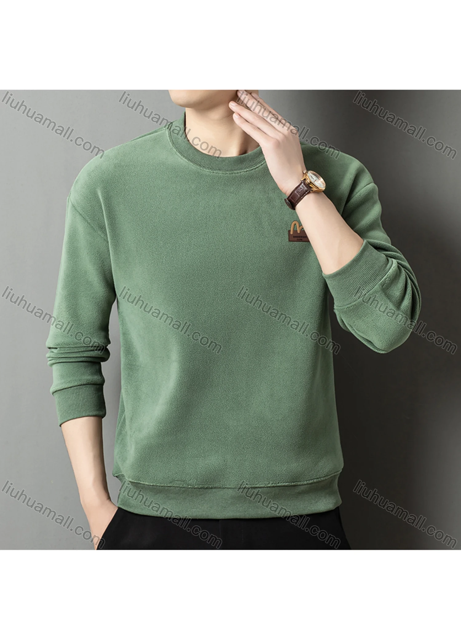 Wholesale Men's Casual Plain Label Embroidery Round Neck Thermal Lined Long Sleeve Sweatshirt 8520# - Liuhuamall