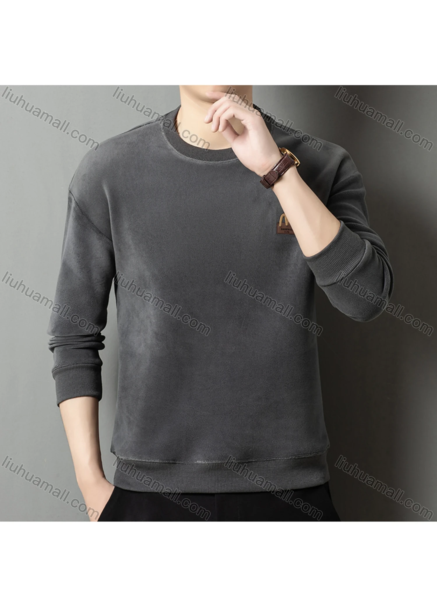 Wholesale Men's Casual Plain Label Embroidery Round Neck Thermal Lined Long Sleeve Sweatshirt 8520# - Liuhuamall