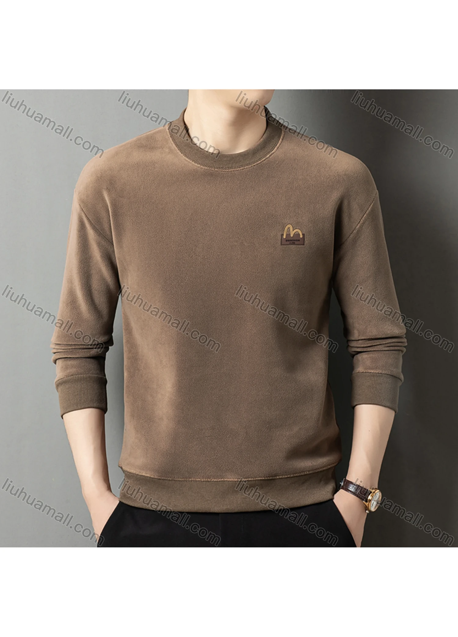 Wholesale Men's Casual Plain Label Embroidery Round Neck Thermal Lined Long Sleeve Sweatshirt 8520# - Liuhuamall