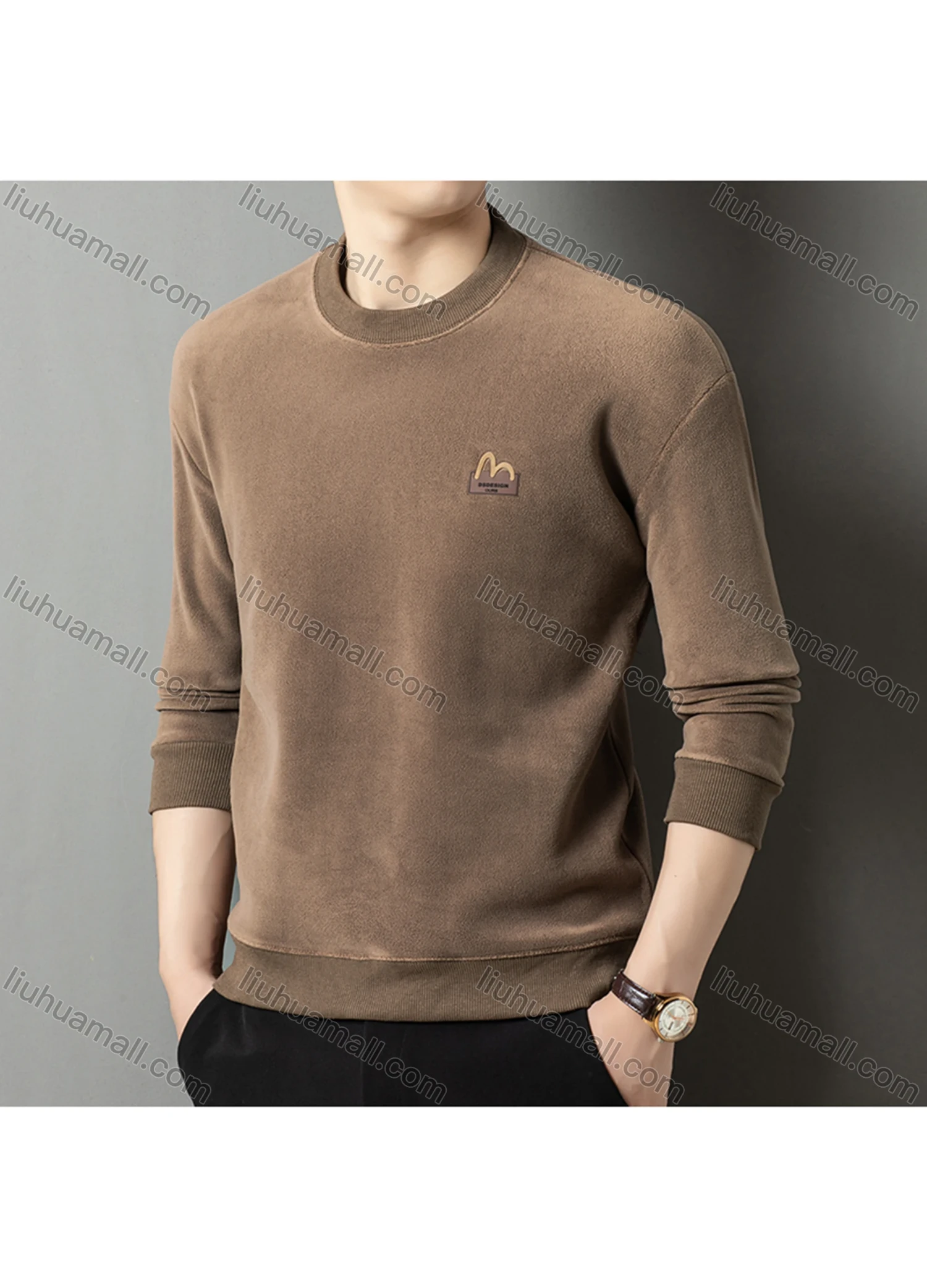 Wholesale Men's Casual Plain Label Embroidery Round Neck Thermal Lined Long Sleeve Sweatshirt 8520# - Liuhuamall