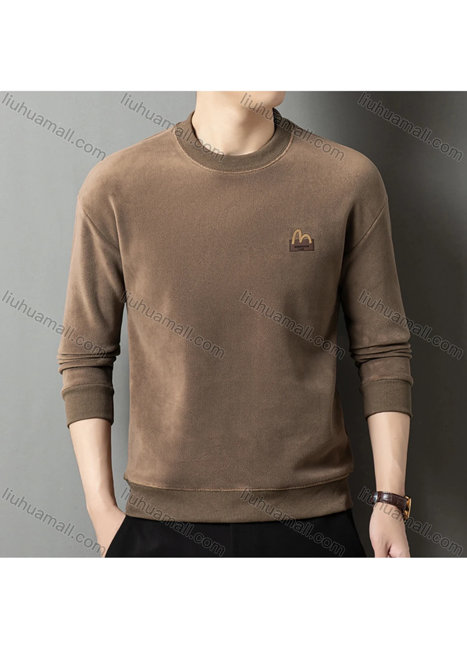 Wholesale Men's Casual Plain Label Embroidery Round Neck Thermal Lined Long Sleeve Sweatshirt 8520# - Liuhuamall