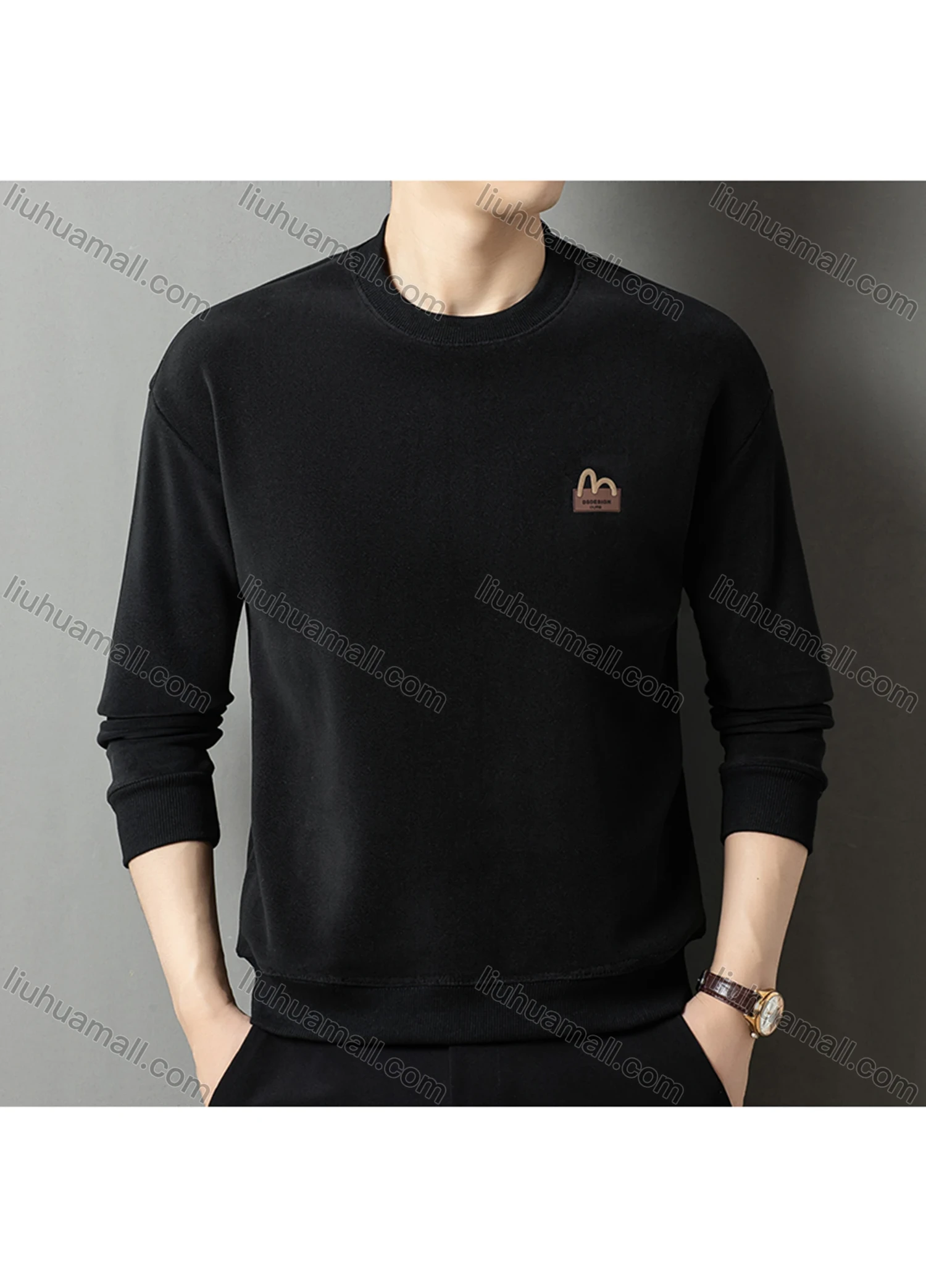 Wholesale Men's Casual Plain Label Embroidery Round Neck Thermal Lined Long Sleeve Sweatshirt 8520# - Liuhuamall
