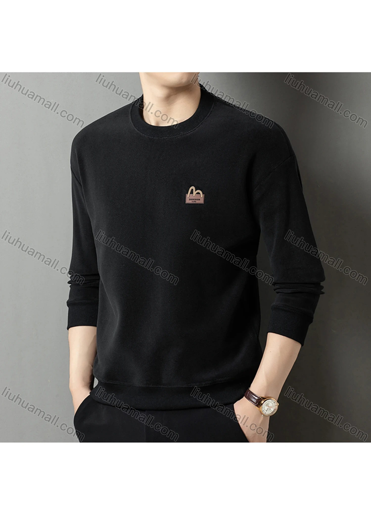 Wholesale Men's Casual Plain Label Embroidery Round Neck Thermal Lined Long Sleeve Sweatshirt 8520# - Liuhuamall