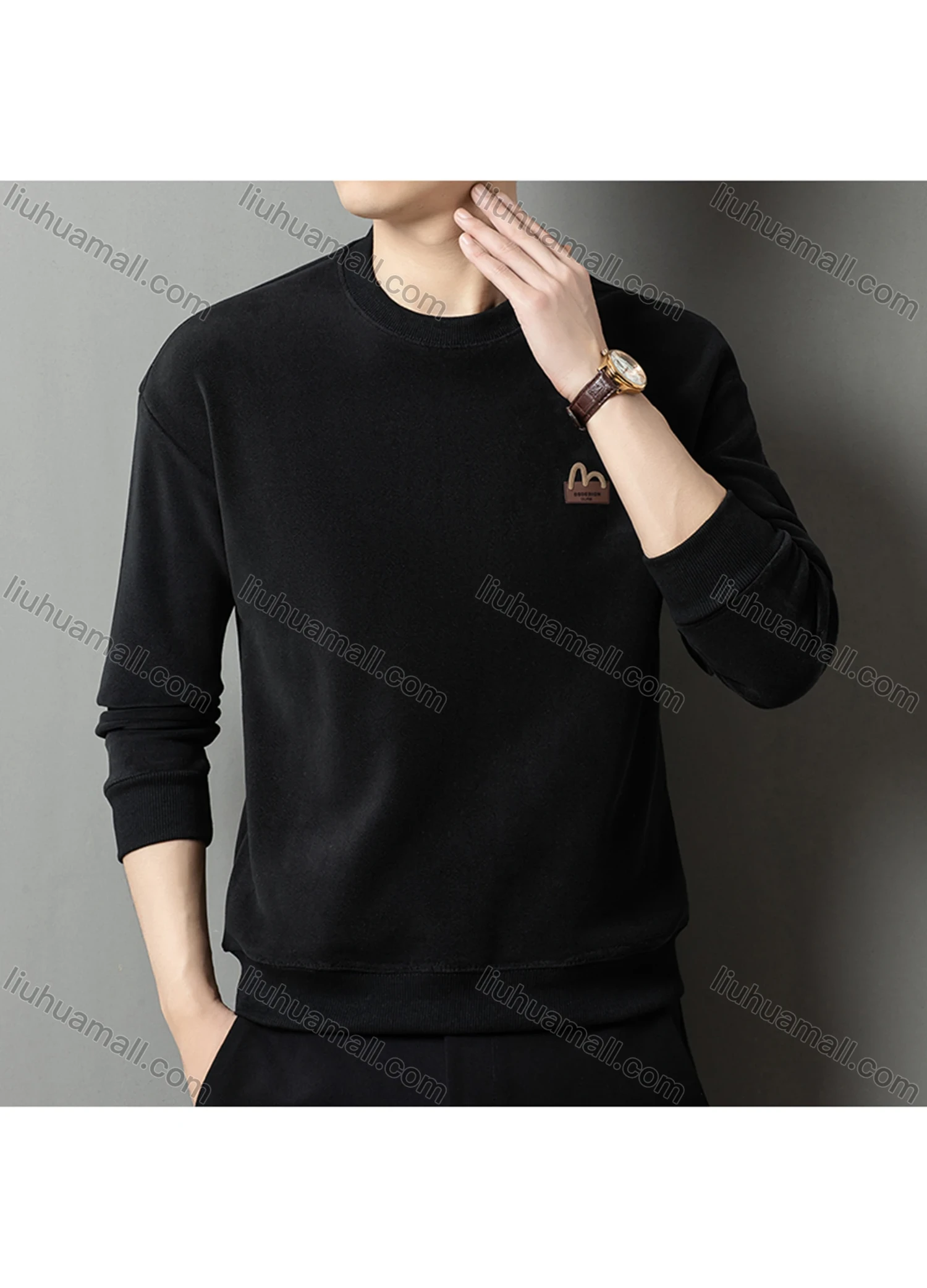 Wholesale Men's Casual Plain Label Embroidery Round Neck Thermal Lined Long Sleeve Sweatshirt 8520# - Liuhuamall