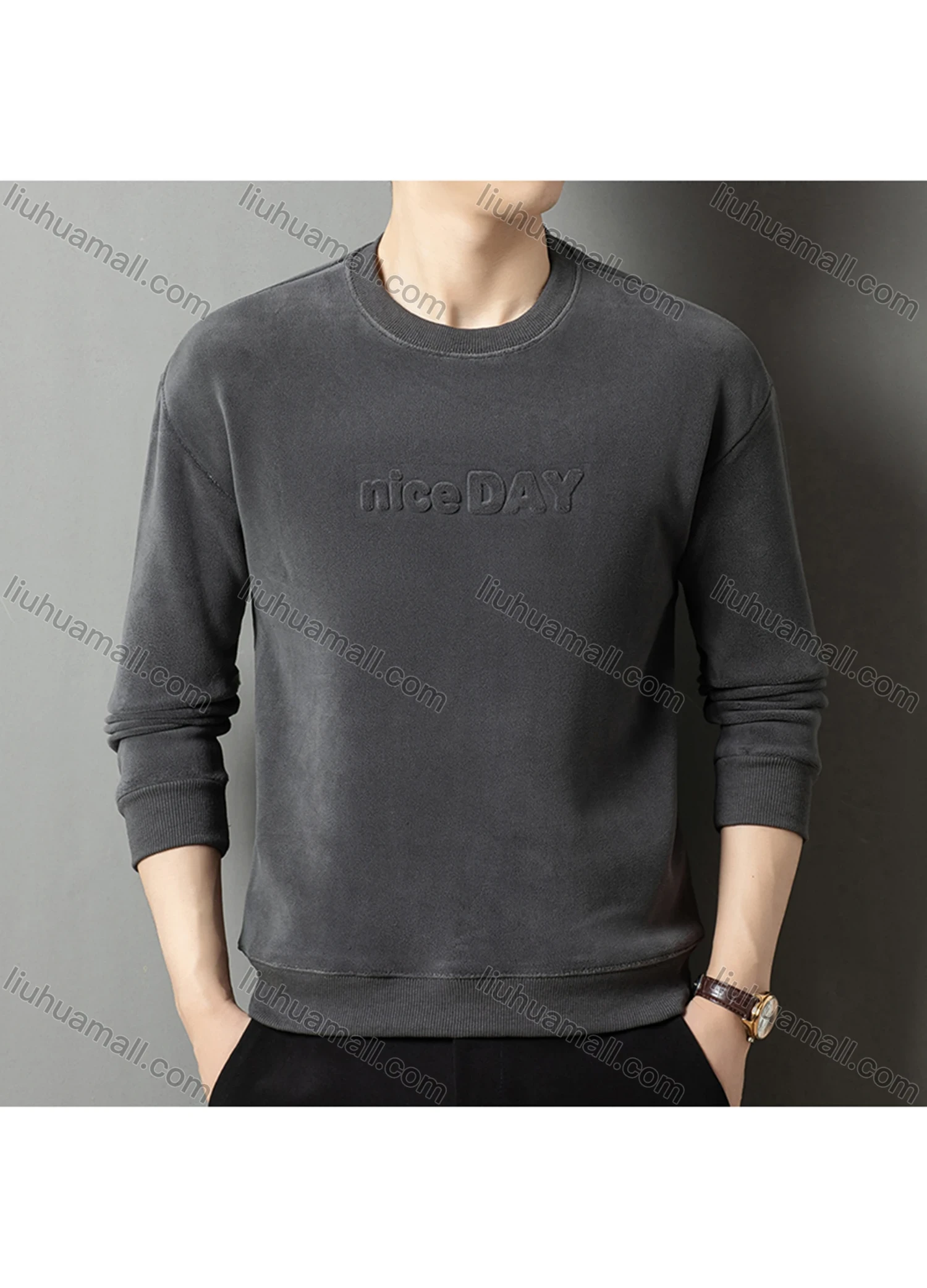 Wholesale Men's Casual Plain Letter Round Neck Thermal Lined Long Sleeve Sweatshirt 8521# - Liuhuamall