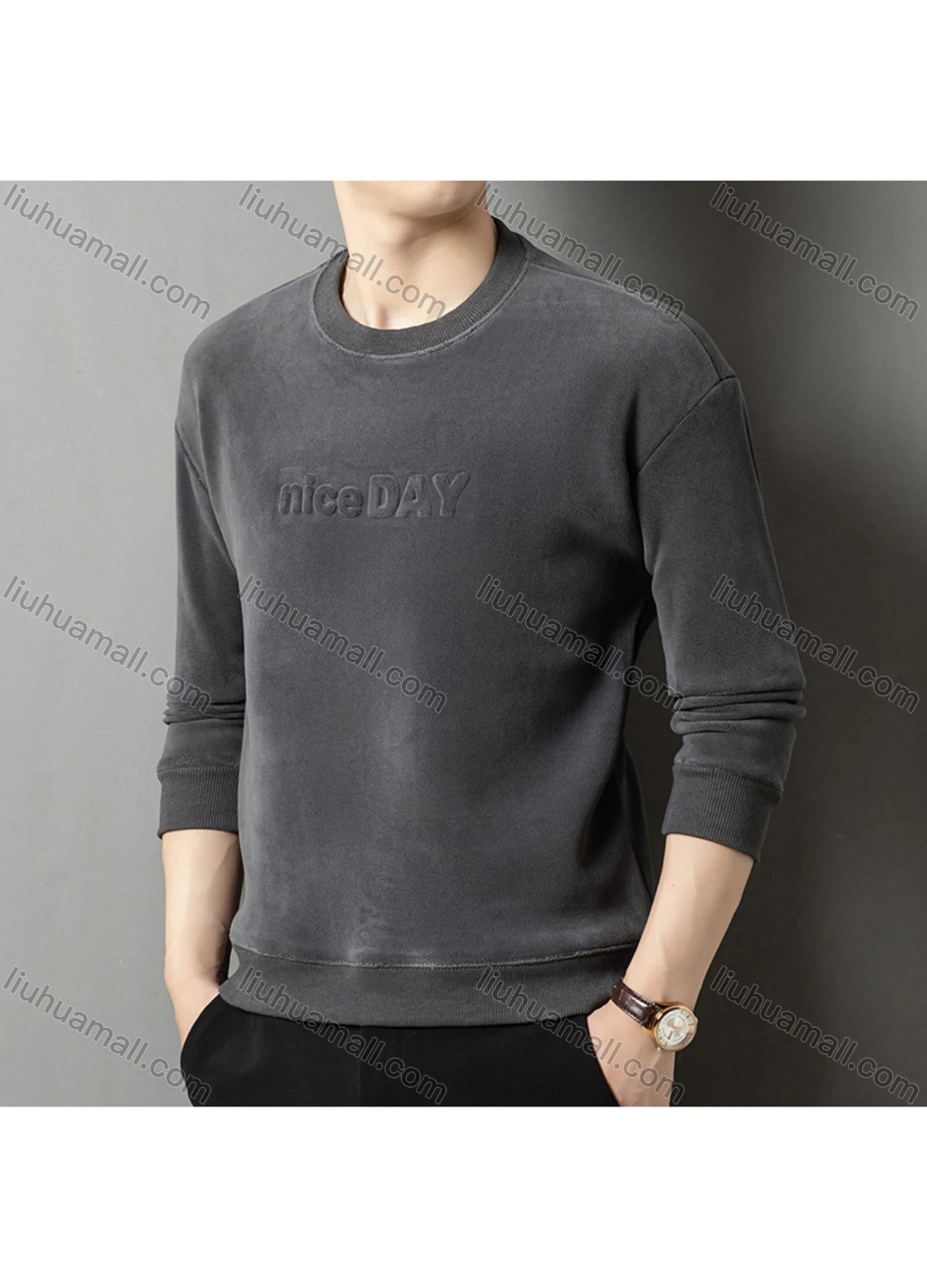 Wholesale Men's Casual Plain Letter Round Neck Thermal Lined Long Sleeve Sweatshirt 8521# - Liuhuamall