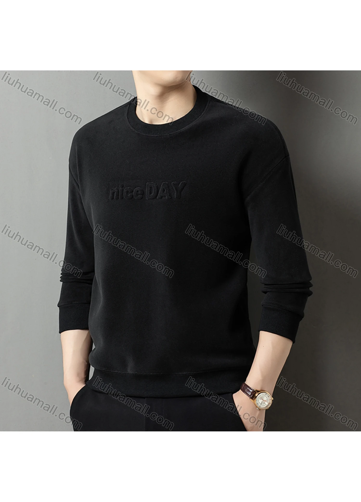 Wholesale Men's Casual Plain Letter Round Neck Thermal Lined Long Sleeve Sweatshirt 8521# - Liuhuamall
