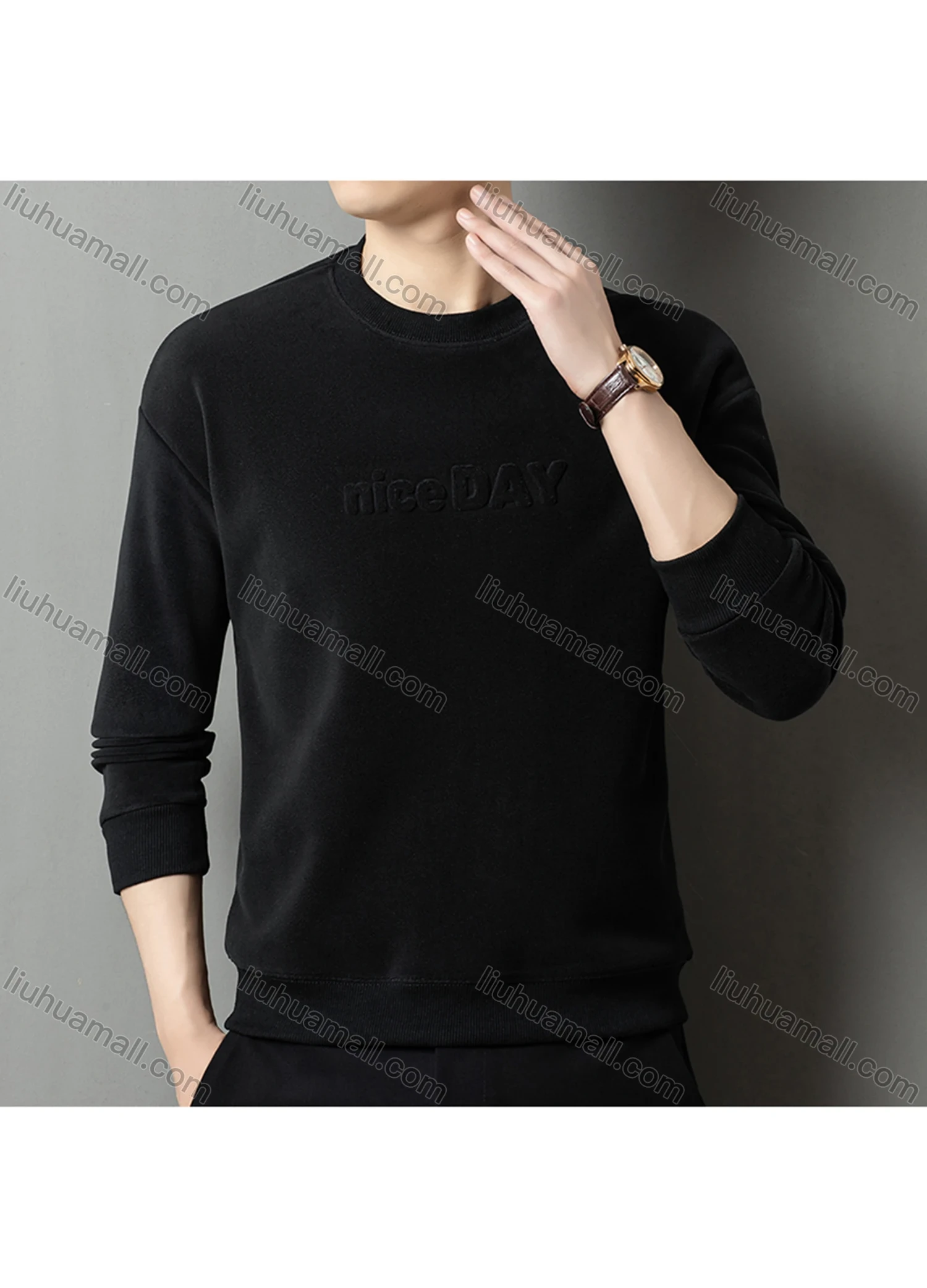 Wholesale Men's Casual Plain Letter Round Neck Thermal Lined Long Sleeve Sweatshirt 8521# - Liuhuamall