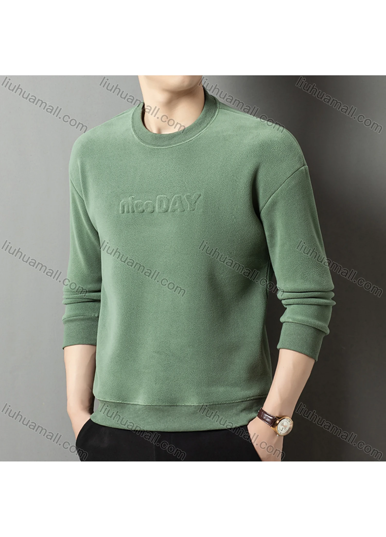 Wholesale Men's Casual Plain Letter Round Neck Thermal Lined Long Sleeve Sweatshirt 8521# - Liuhuamall