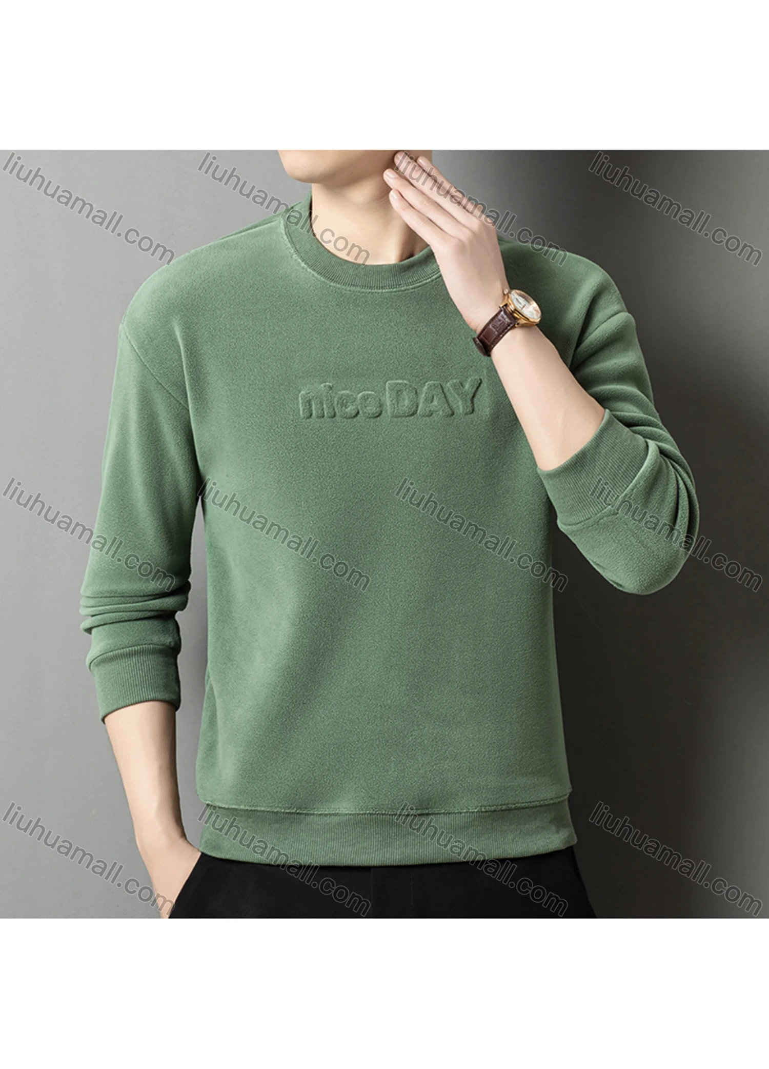 Wholesale Men's Casual Plain Letter Round Neck Thermal Lined Long Sleeve Sweatshirt 8521# - Liuhuamall