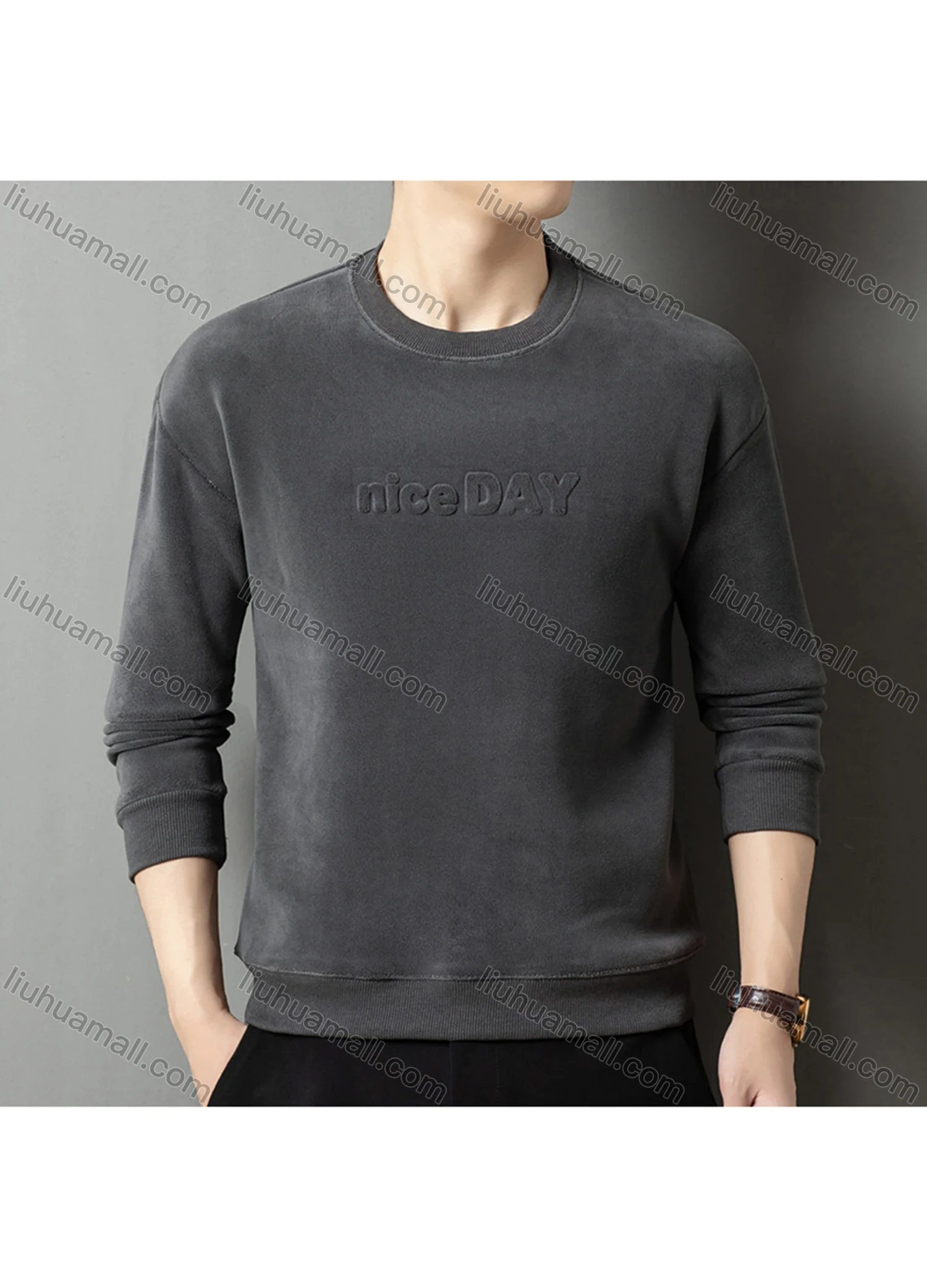 Wholesale Men's Casual Plain Letter Round Neck Thermal Lined Long Sleeve Sweatshirt 8521# - Liuhuamall