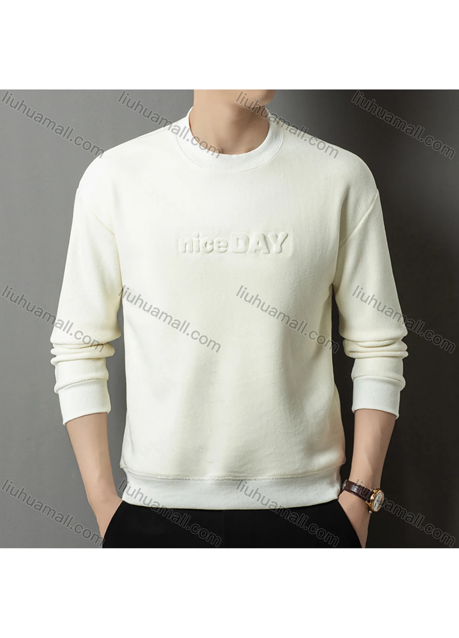 Wholesale Men's Casual Plain Letter Round Neck Thermal Lined Long Sleeve Sweatshirt 8521# - Liuhuamall