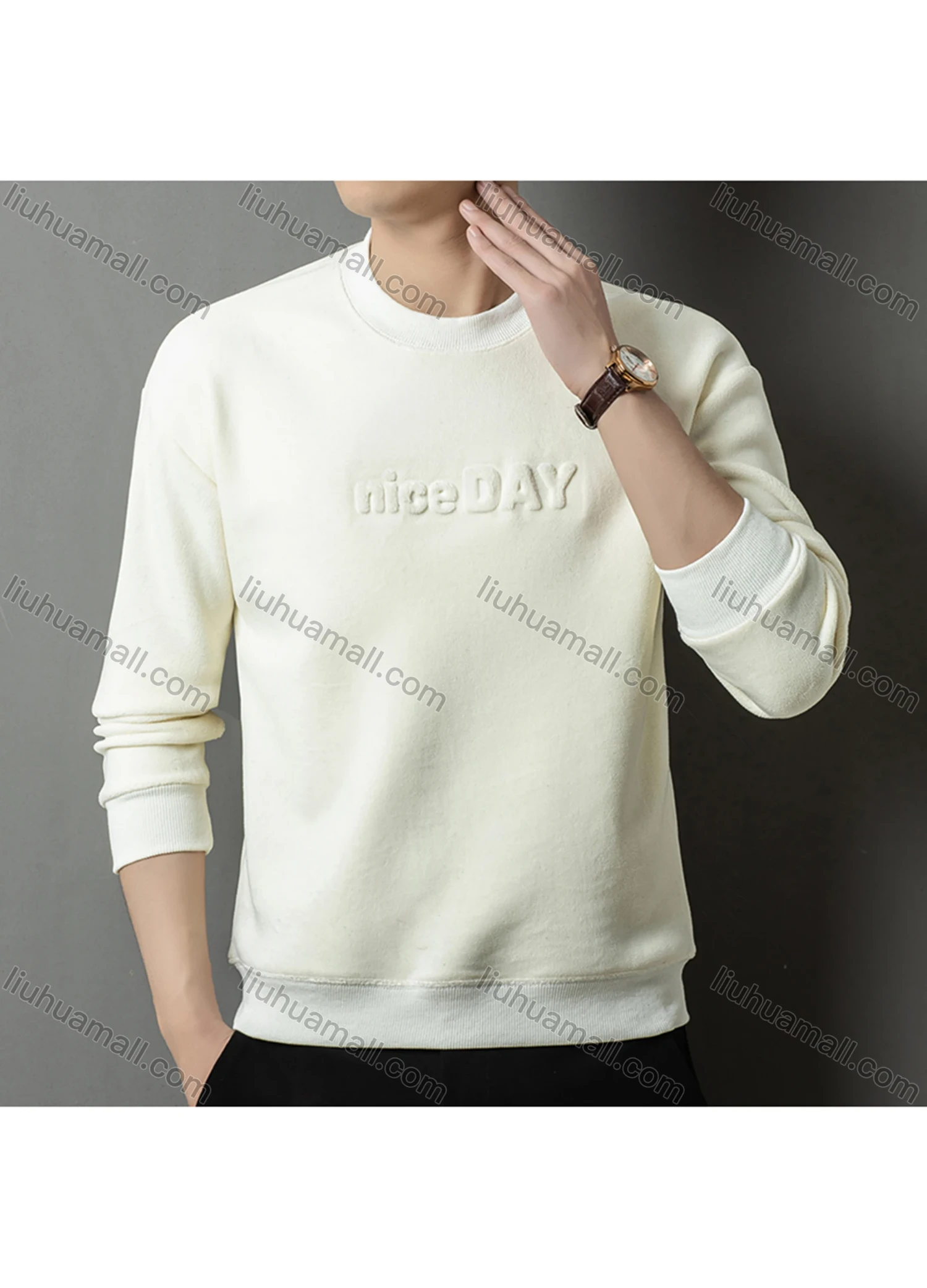 Wholesale Men's Casual Plain Letter Round Neck Thermal Lined Long Sleeve Sweatshirt 8521# - Liuhuamall