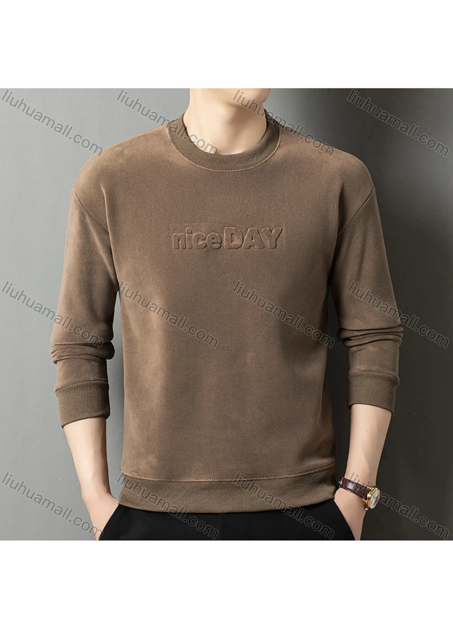 Wholesale Men's Casual Plain Letter Round Neck Thermal Lined Long Sleeve Sweatshirt 8521# - Liuhuamall
