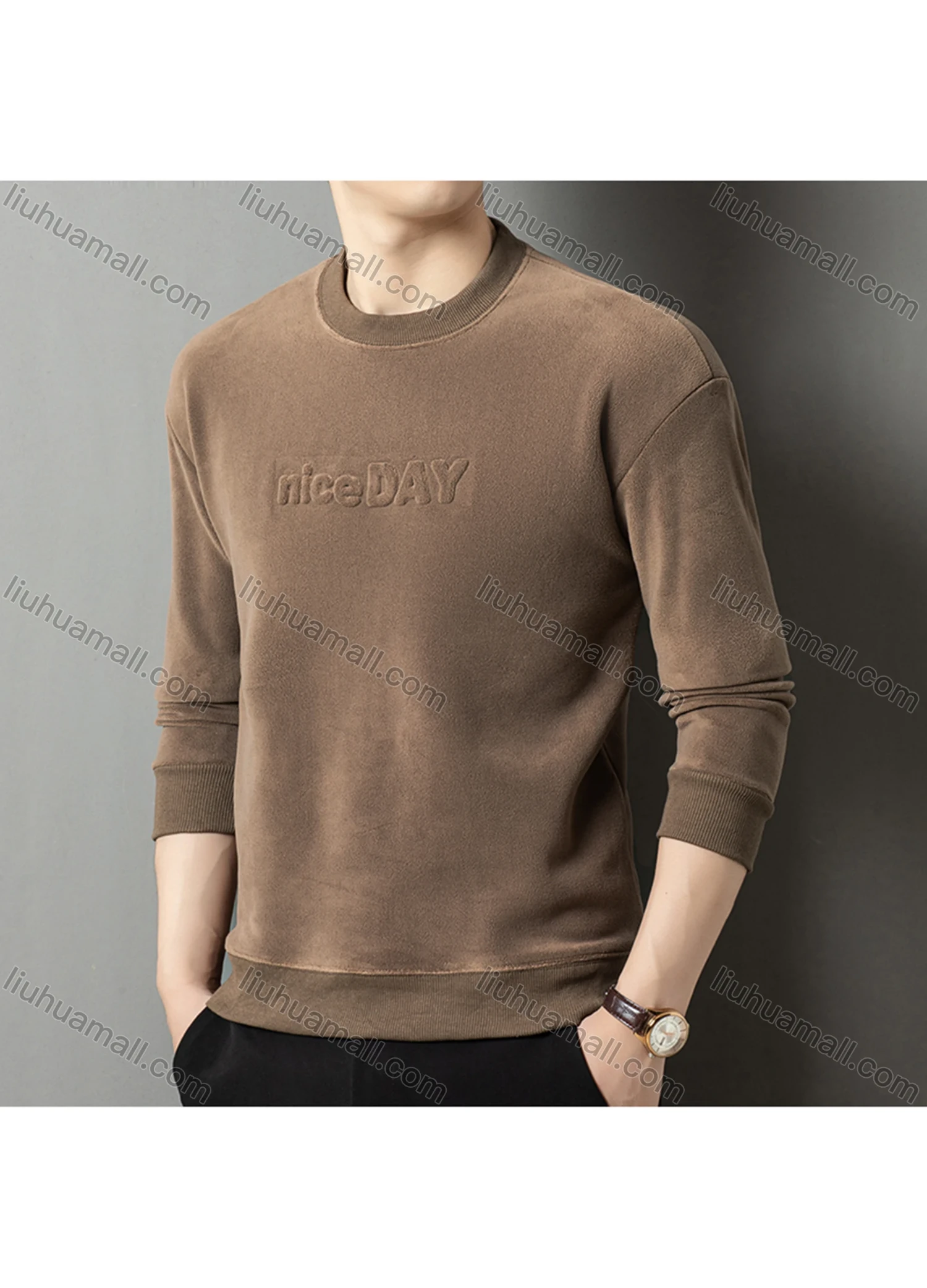 Wholesale Men's Casual Plain Letter Round Neck Thermal Lined Long Sleeve Sweatshirt 8521# - Liuhuamall