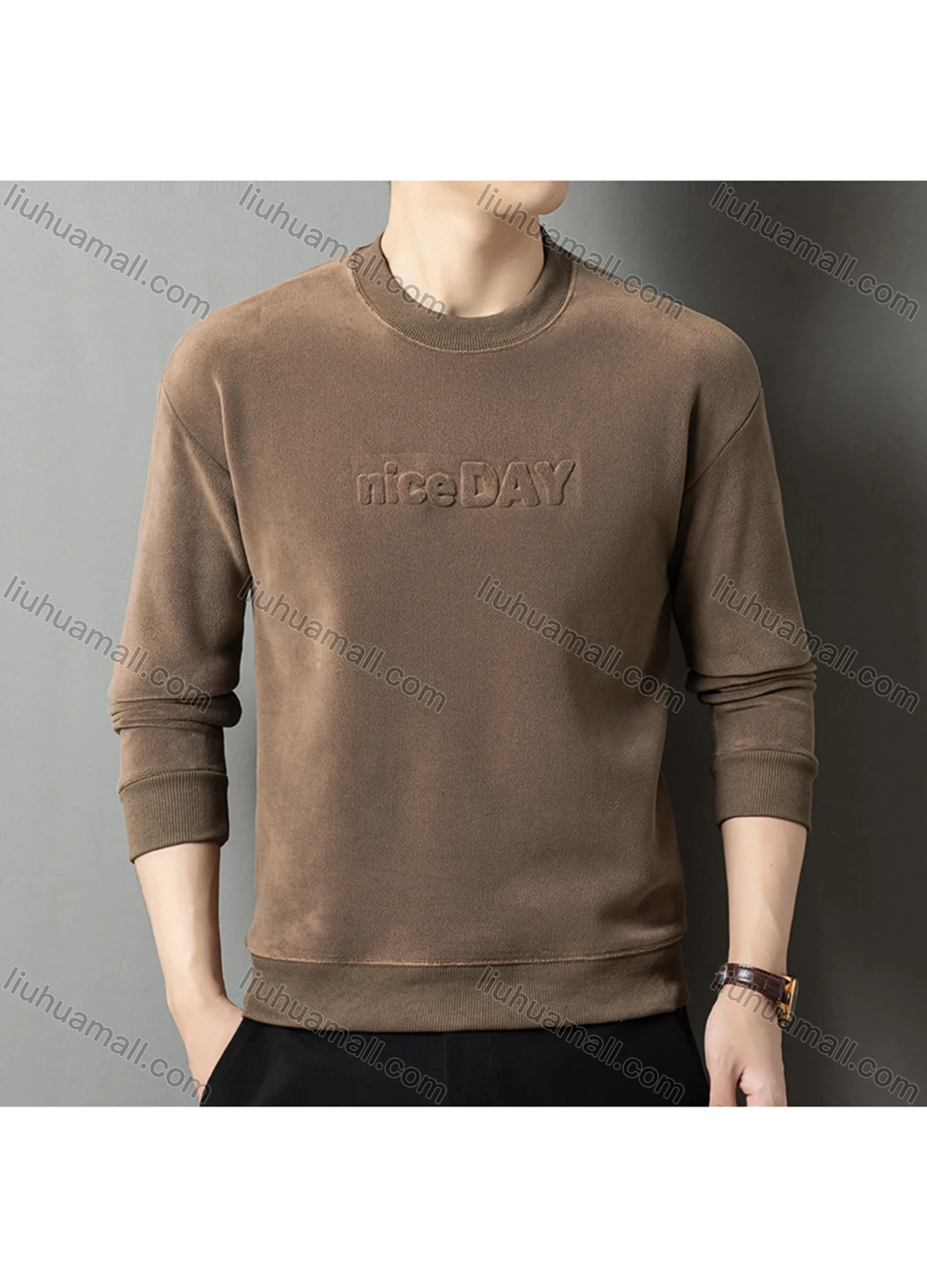 Wholesale Men's Casual Plain Letter Round Neck Thermal Lined Long Sleeve Sweatshirt 8521# - Liuhuamall
