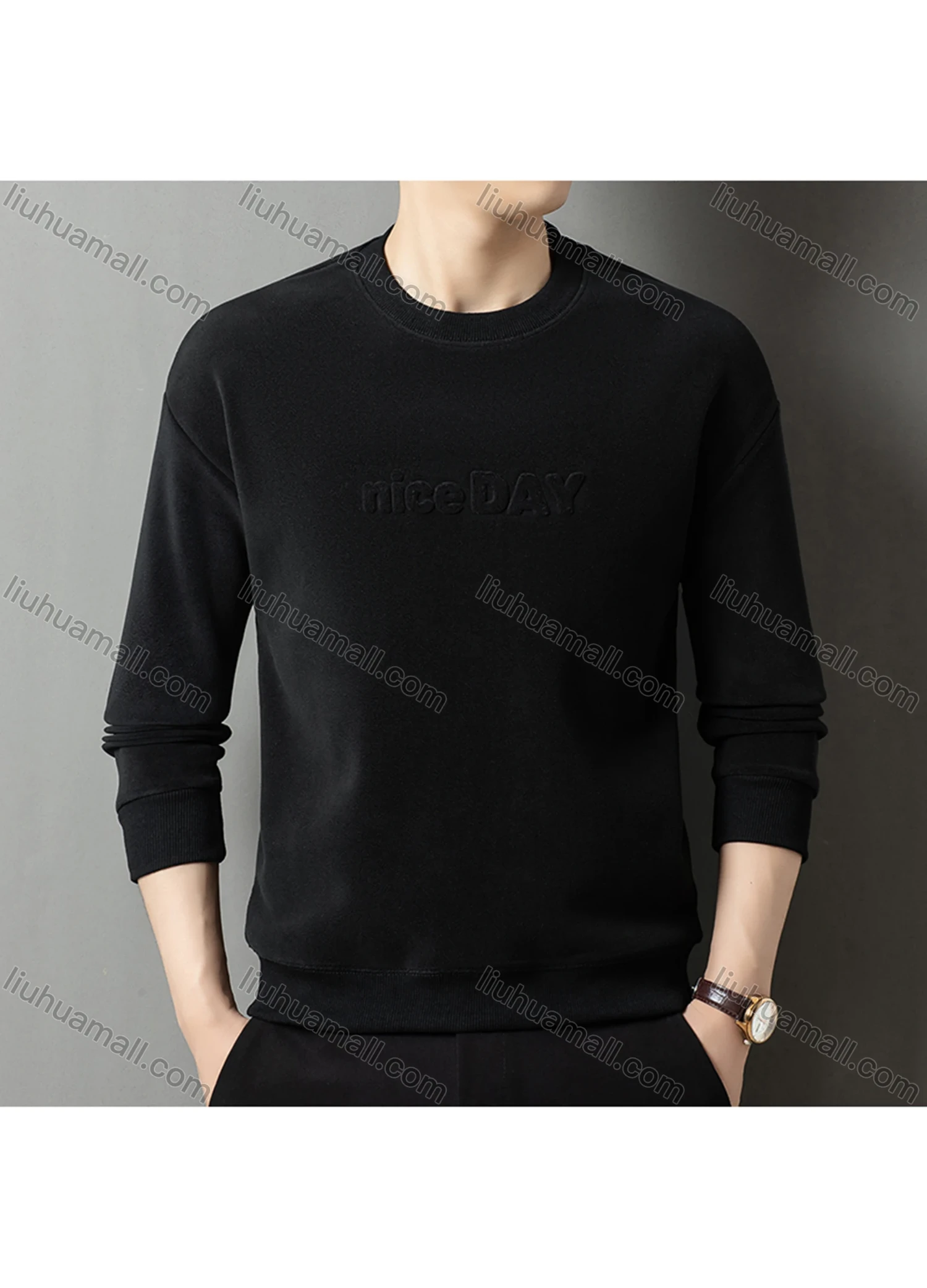 Wholesale Men's Casual Plain Letter Round Neck Thermal Lined Long Sleeve Sweatshirt 8521# - Liuhuamall