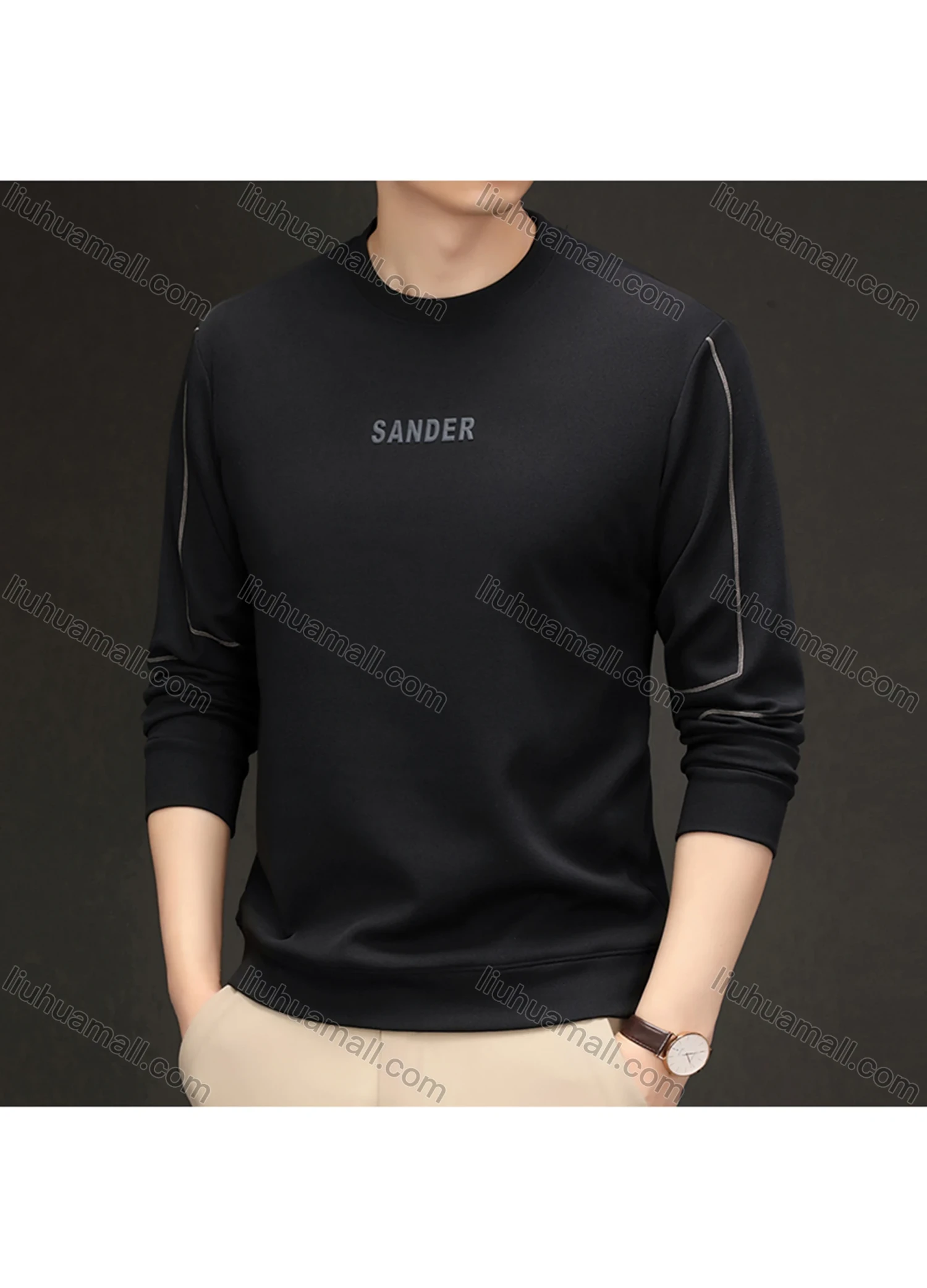 Wholesale Men's Casual Letter Line Round Neck Long Sleeve Fleece Sweatshirt 8707# - Liuhuamall