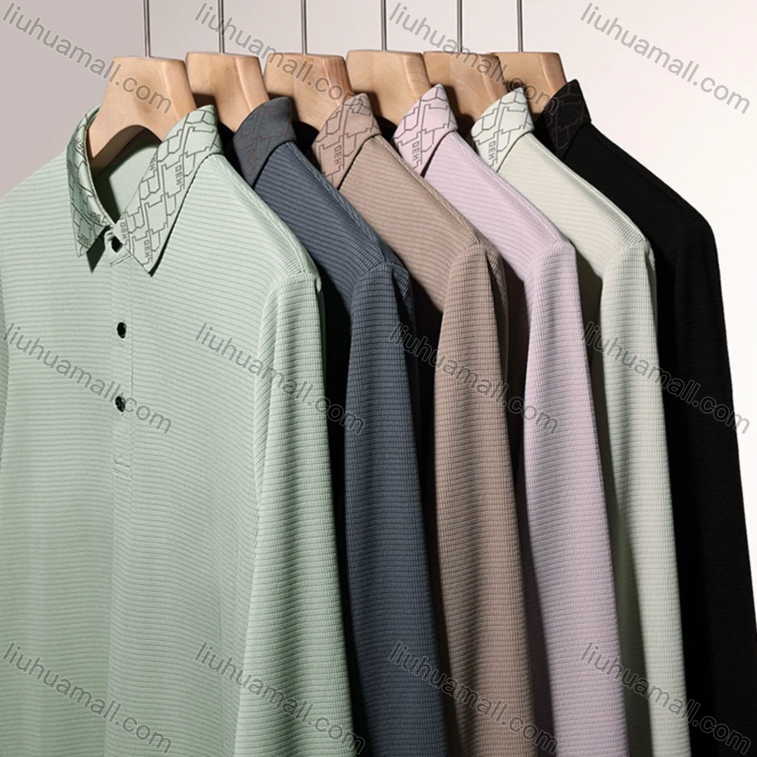 Wholesale Men's Business Plain Long Sleeve Button Front Polo Shirt C-32# - Liuhuamall
