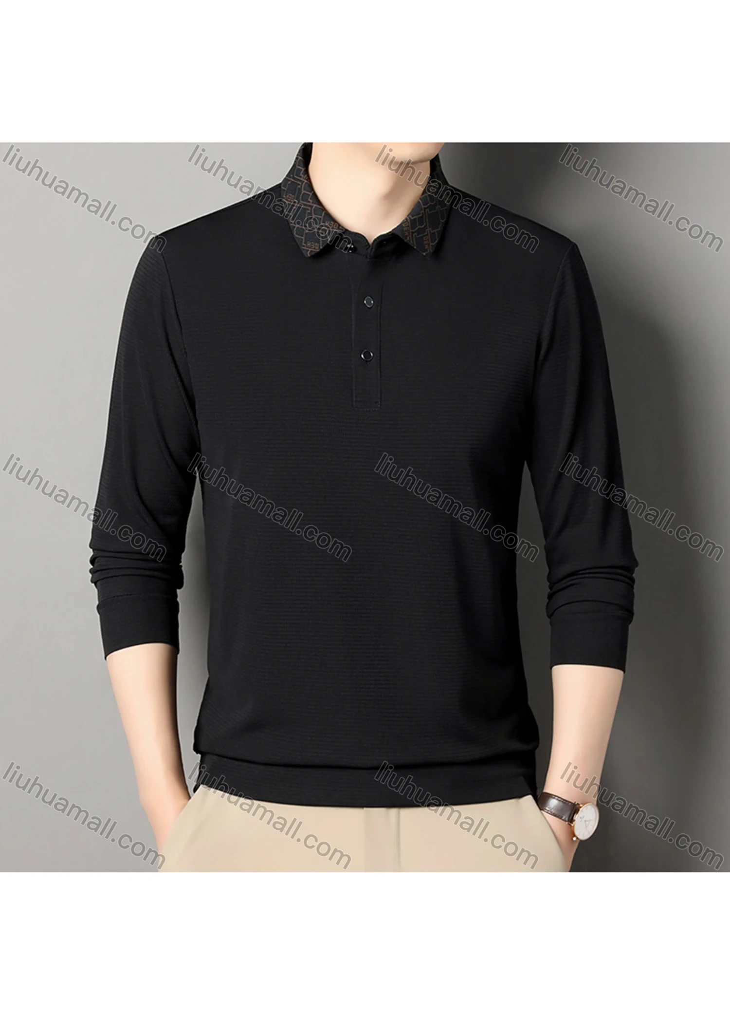 Wholesale Men's Business Plain Long Sleeve Button Front Polo Shirt C-32# - Liuhuamall