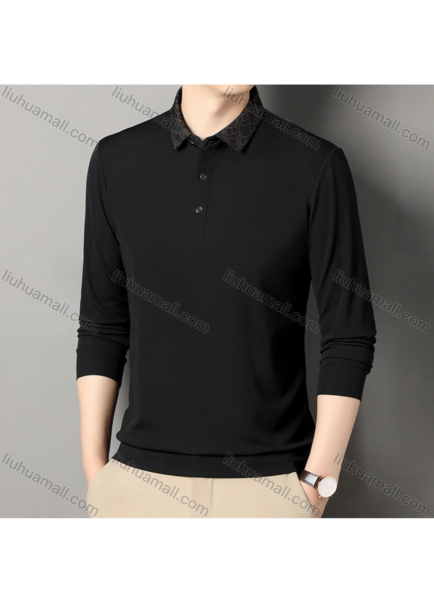 Wholesale Men's Business Plain Long Sleeve Button Front Polo Shirt C-32# - Liuhuamall