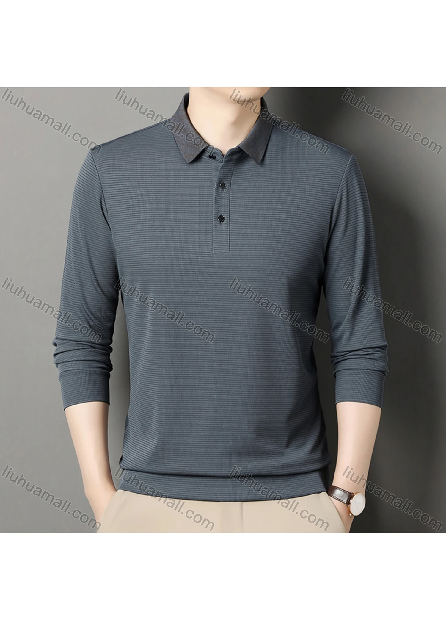 Wholesale Men's Business Plain Long Sleeve Button Front Polo Shirt C-32# - Liuhuamall