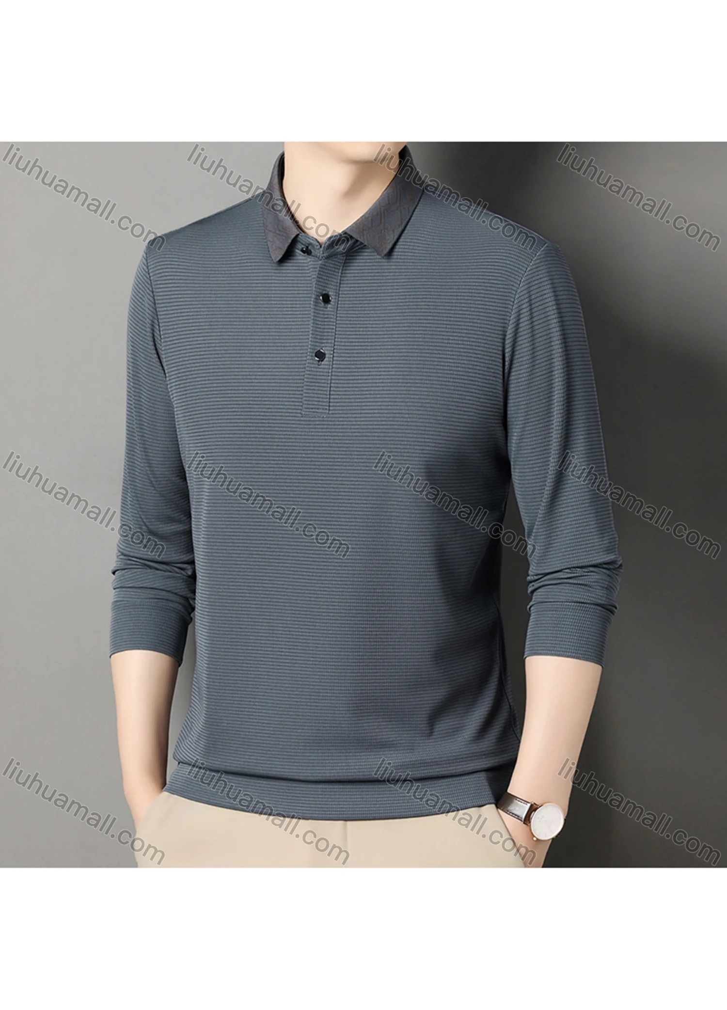 Wholesale Men's Business Plain Long Sleeve Button Front Polo Shirt C-32# - Liuhuamall