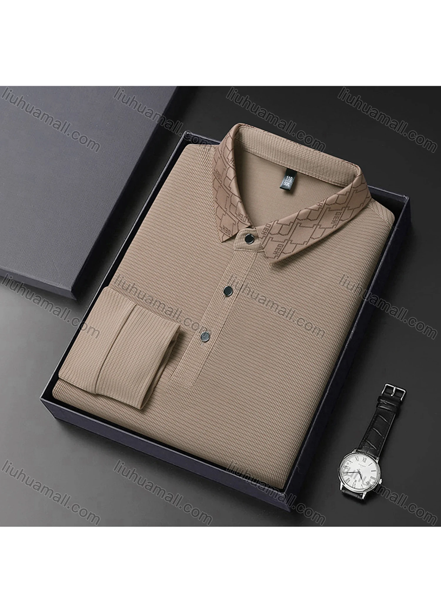 Wholesale Men's Business Plain Long Sleeve Button Front Polo Shirt C-32# - Liuhuamall