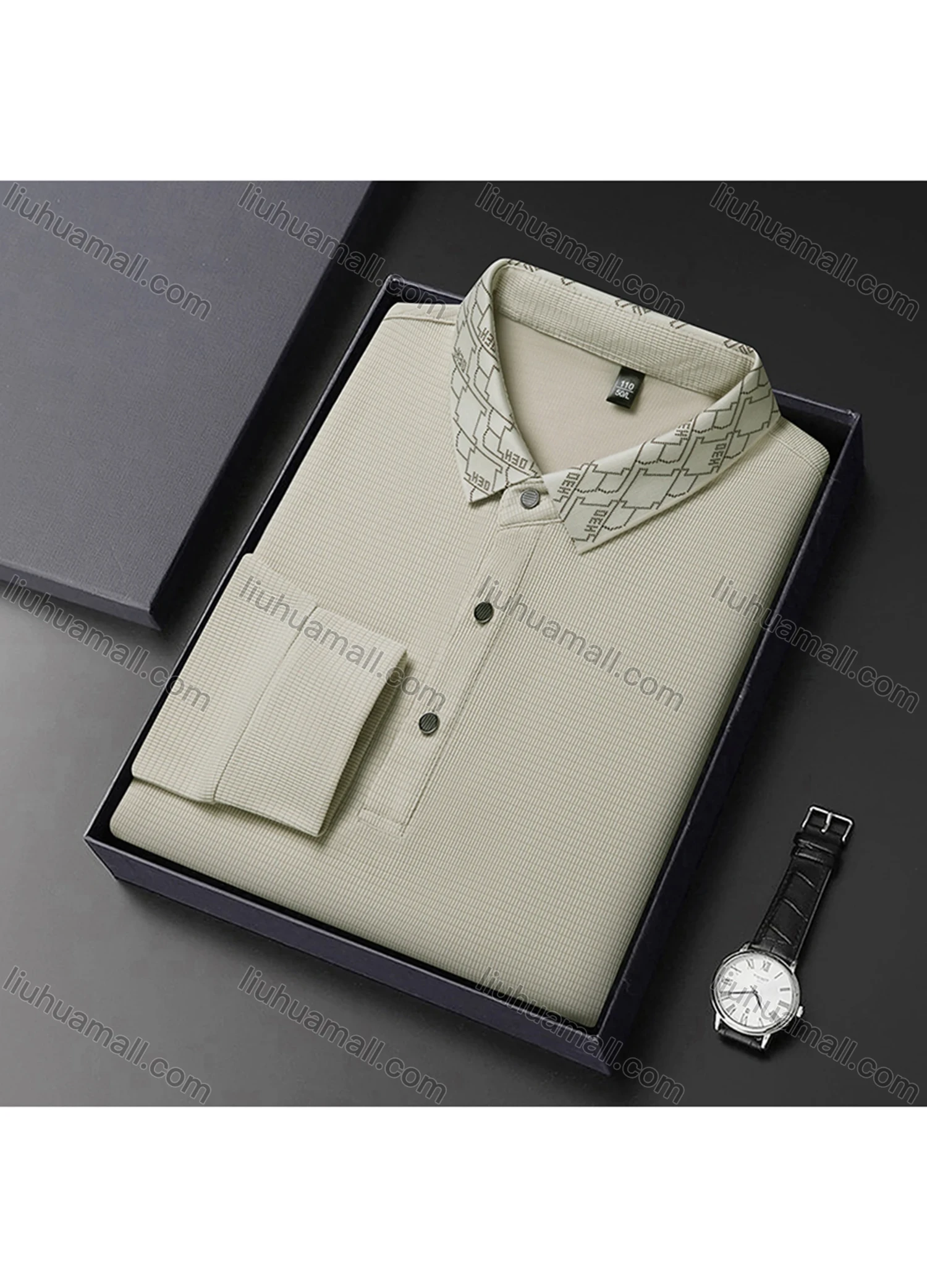 Wholesale Men's Business Plain Long Sleeve Button Front Polo Shirt C-32# - Liuhuamall