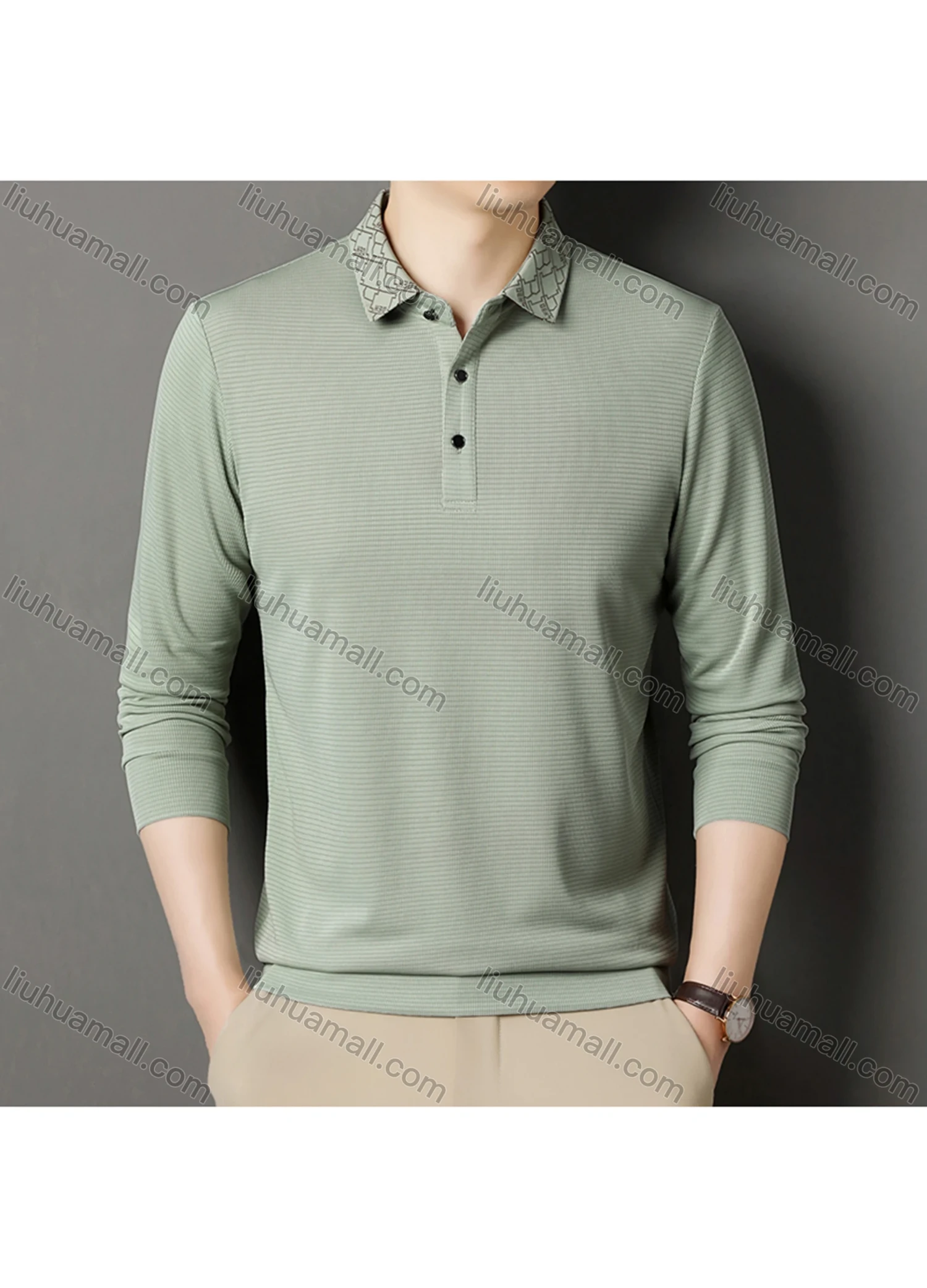 Wholesale Men's Business Plain Long Sleeve Button Front Polo Shirt C-32# - Liuhuamall