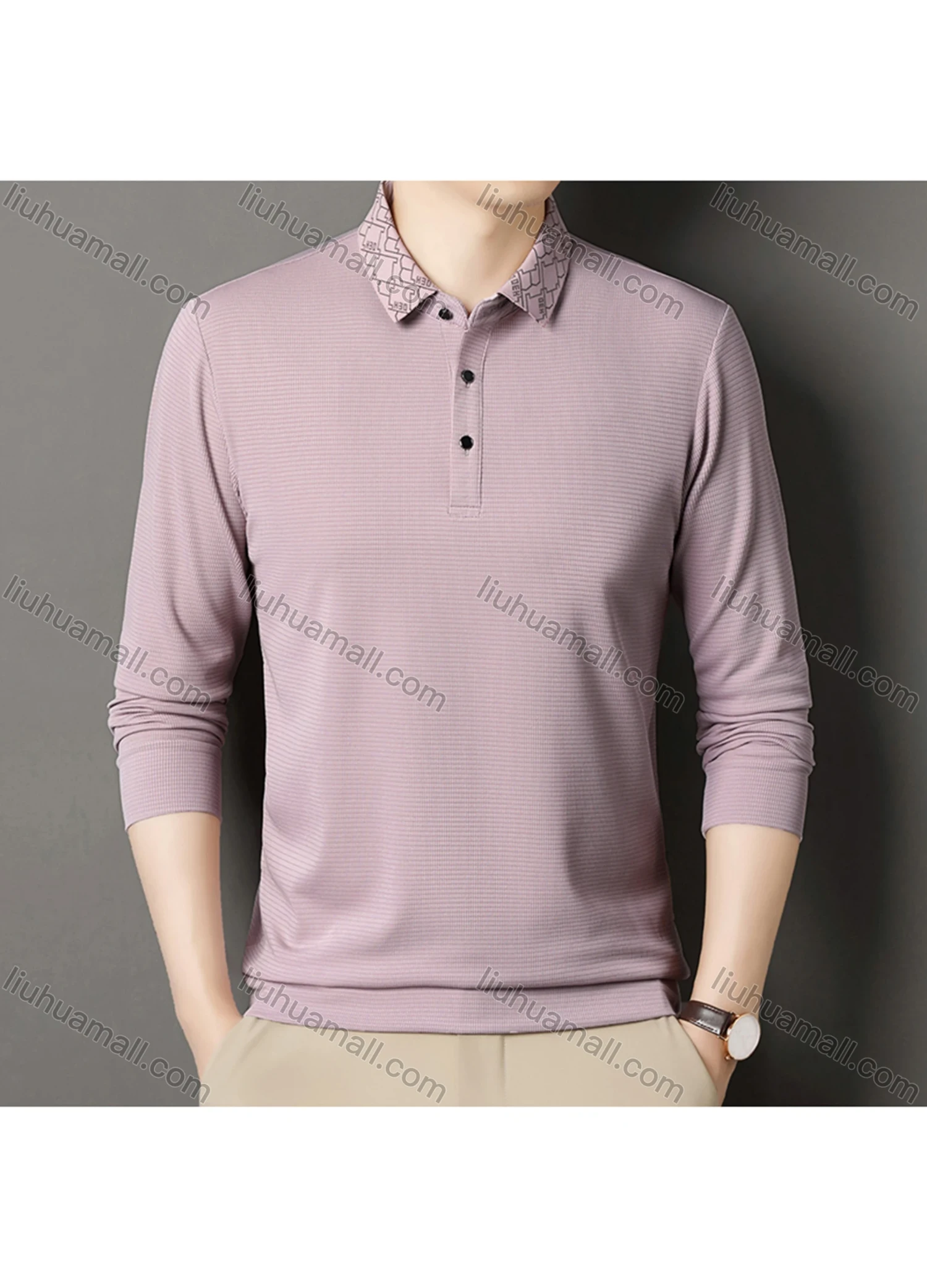 Wholesale Men's Business Plain Long Sleeve Button Front Polo Shirt C-32# - Liuhuamall
