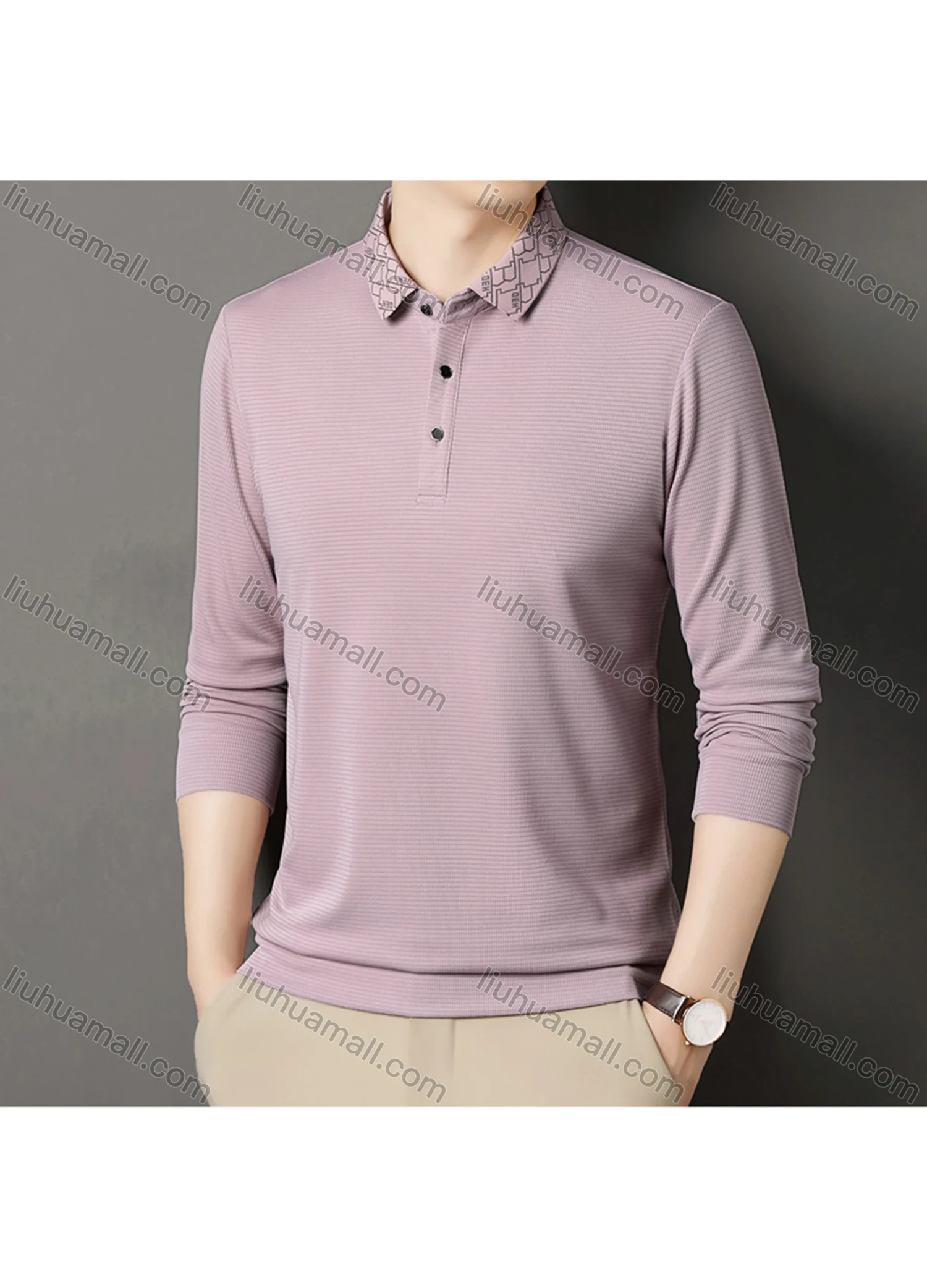 Wholesale Men's Business Plain Long Sleeve Button Front Polo Shirt C-32# - Liuhuamall