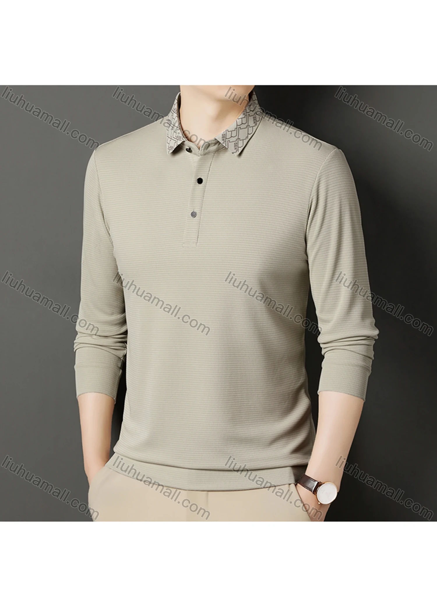 Wholesale Men's Business Plain Long Sleeve Button Front Polo Shirt C-32# - Liuhuamall