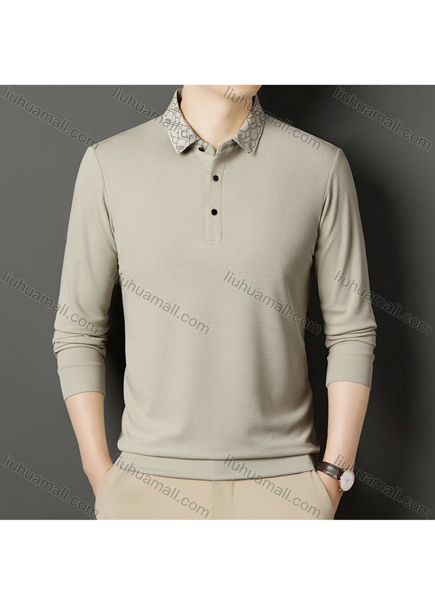 Wholesale Men's Business Plain Long Sleeve Button Front Polo Shirt C-32# - Liuhuamall
