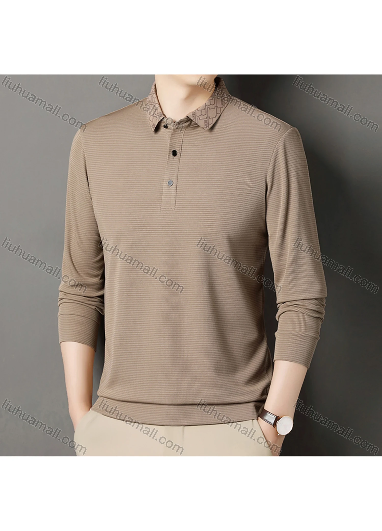 Wholesale Men's Business Plain Long Sleeve Button Front Polo Shirt C-32# - Liuhuamall