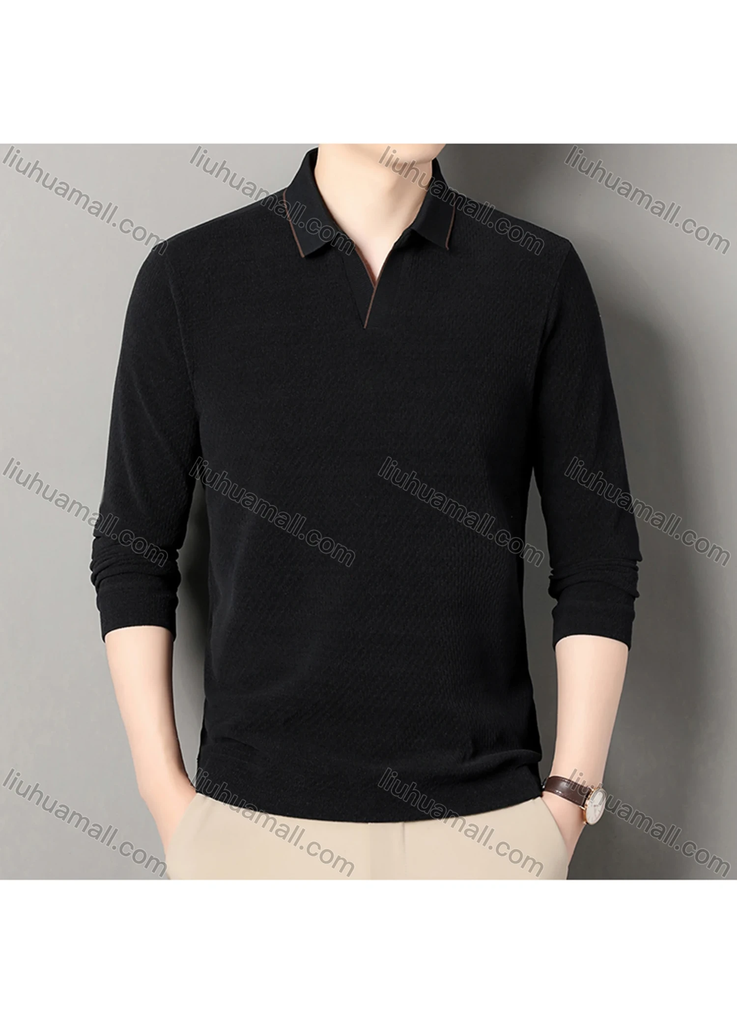 Wholesale Men's Casual Plain Collared Long Sleeve Henley Shirt D-67# - Liuhuamall